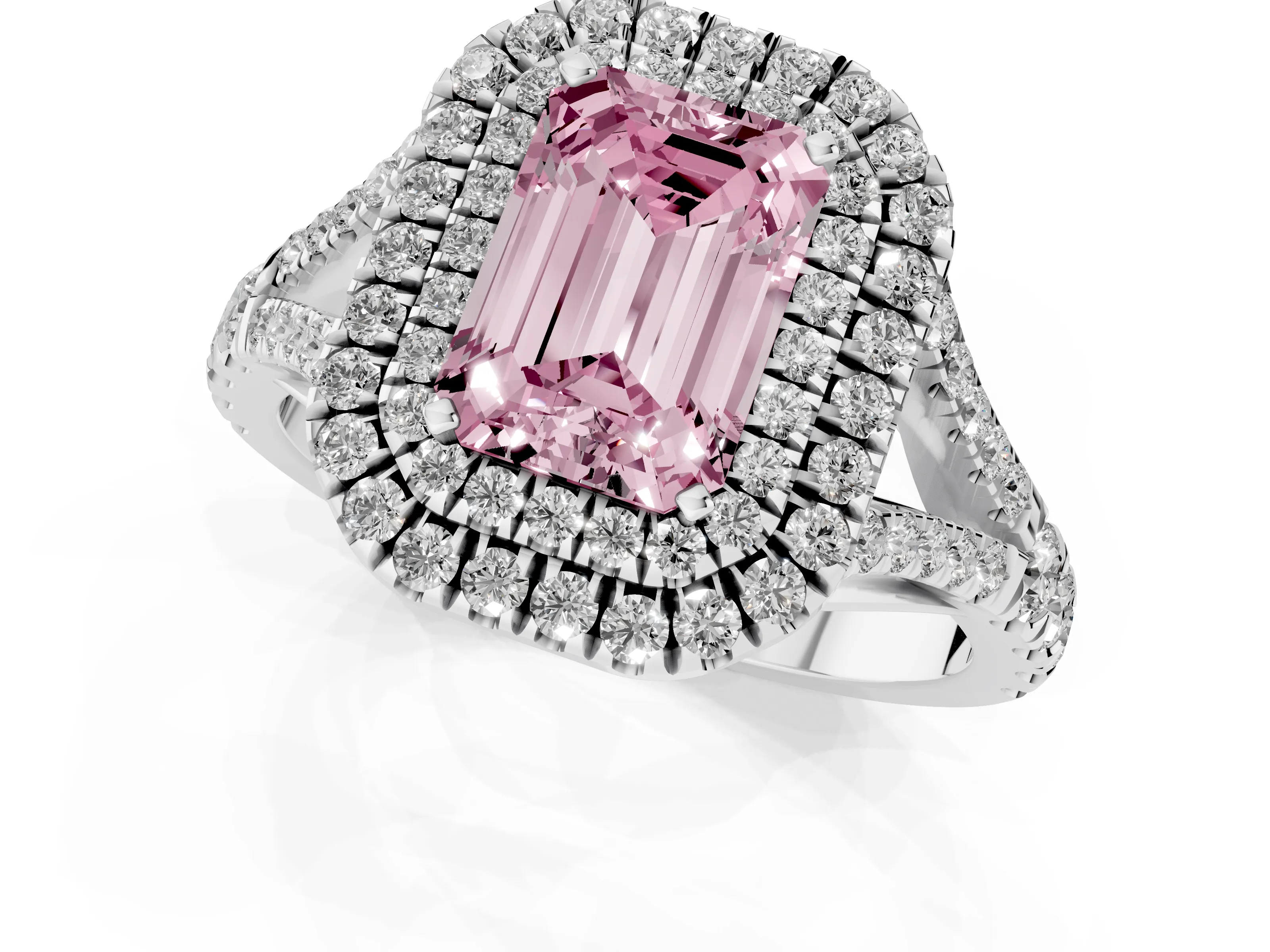 Fancy Pink Emerald Cut Diamond Pavé Split Shank Double Halo Engagement Ring Set in Silver