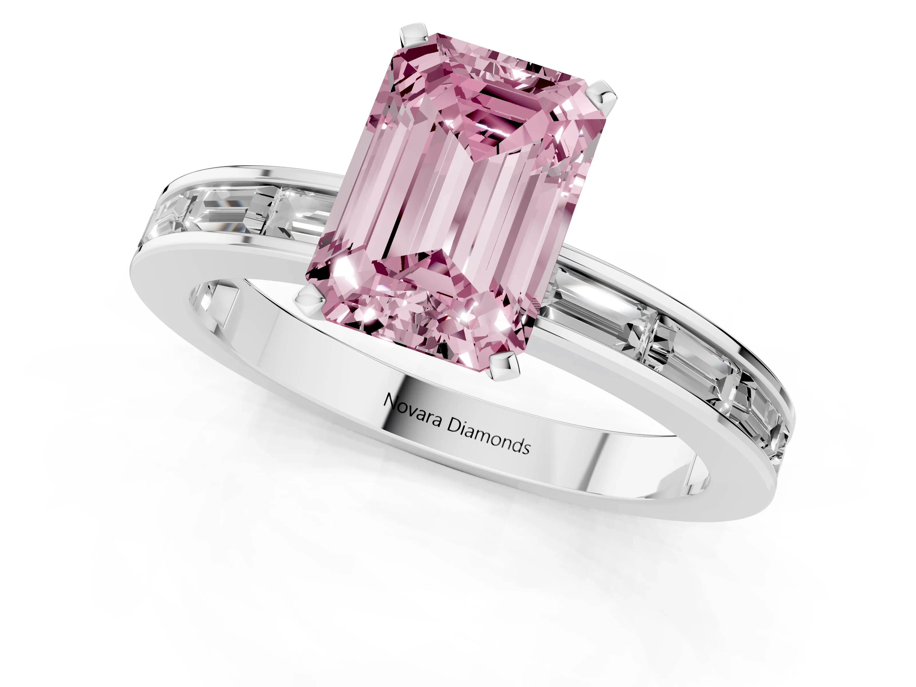Fancy Pink Emerald Cut Diamond Solitaire Ring Set in White gold with Channel-Set Baguette Band and Prong Setting