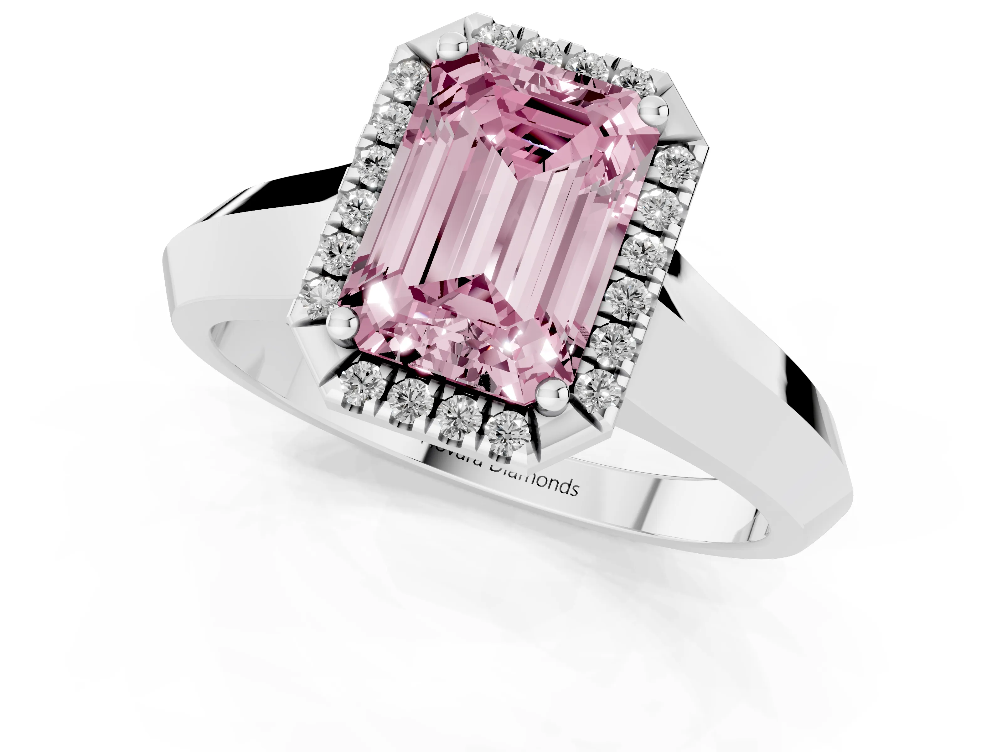 Fancy Pink Emerald Cut Diamond Halo Ring Set in Platinum with Cathedral Band and Prong Setting