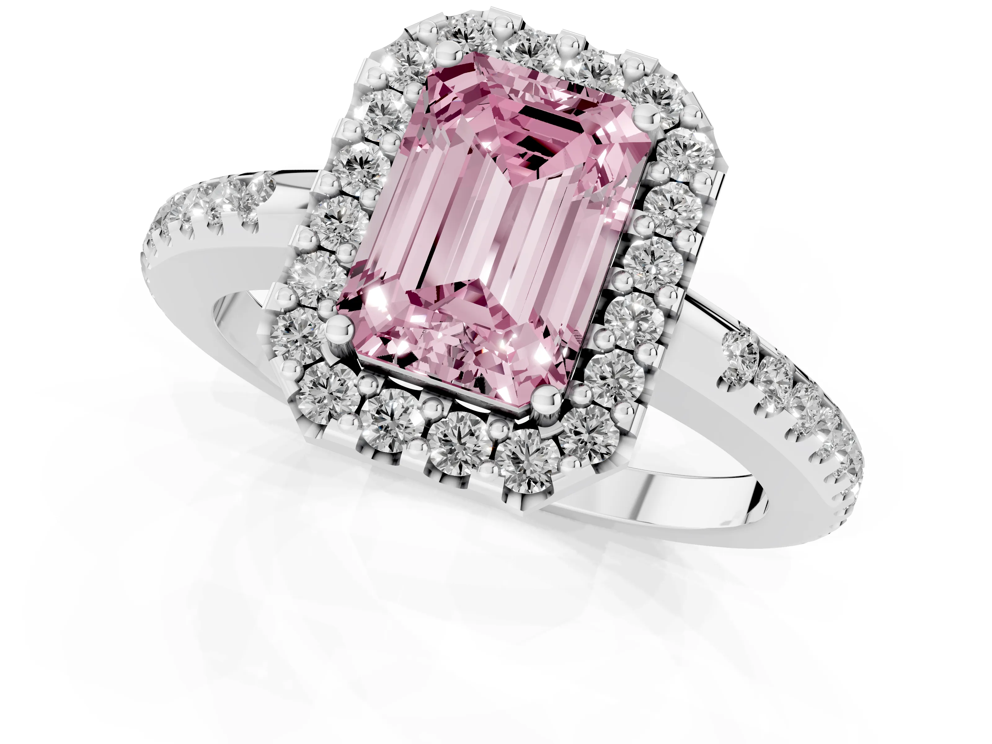 Fancy Pink Emerald Cut Diamond Pavé Halo Ring Set in Silver with Prong Setting