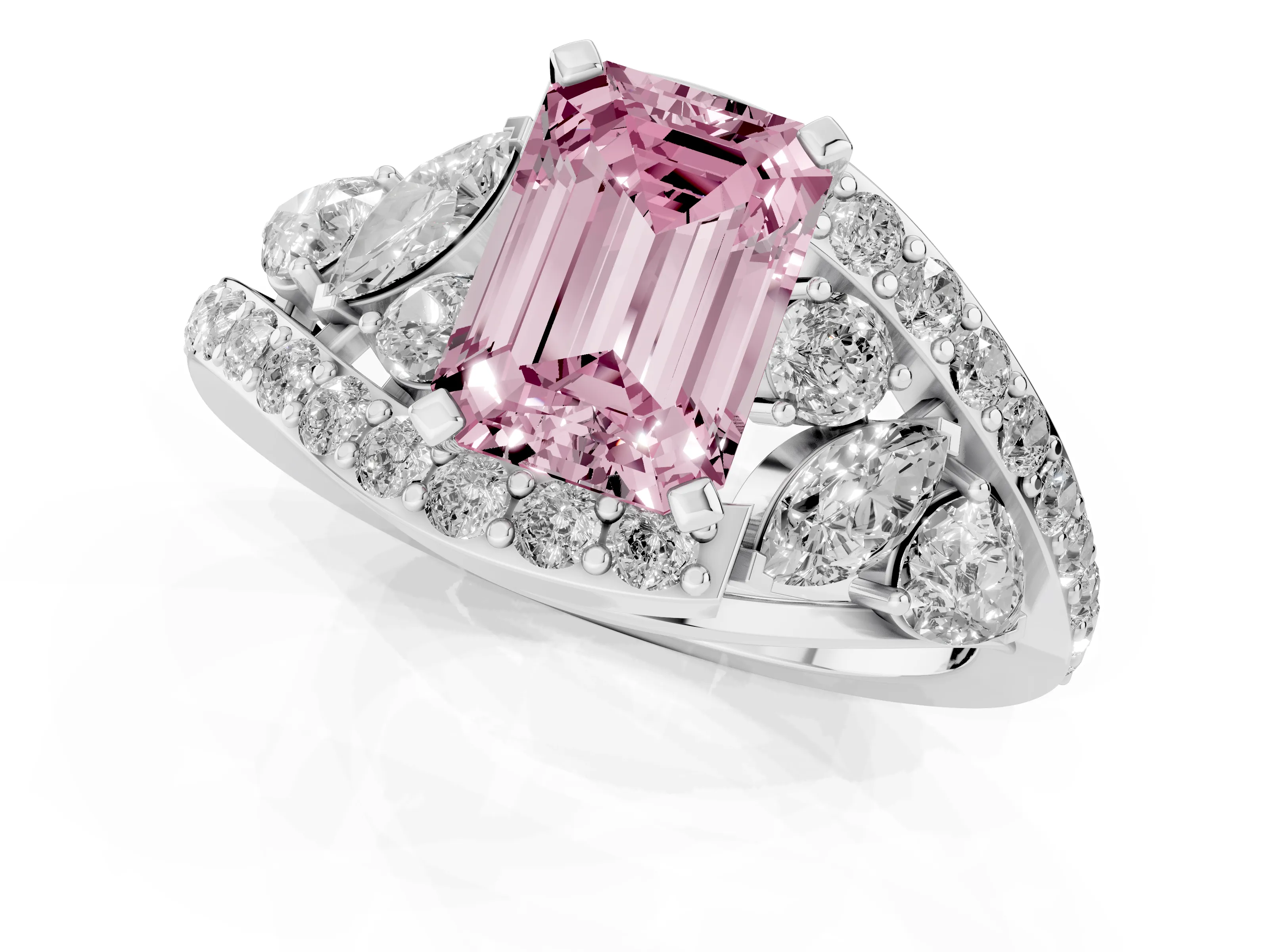 Fancy Pink Emerald Cut Diamond Halo Ring Set in Platinum with Marquise and Pavé Band in Prong Setting