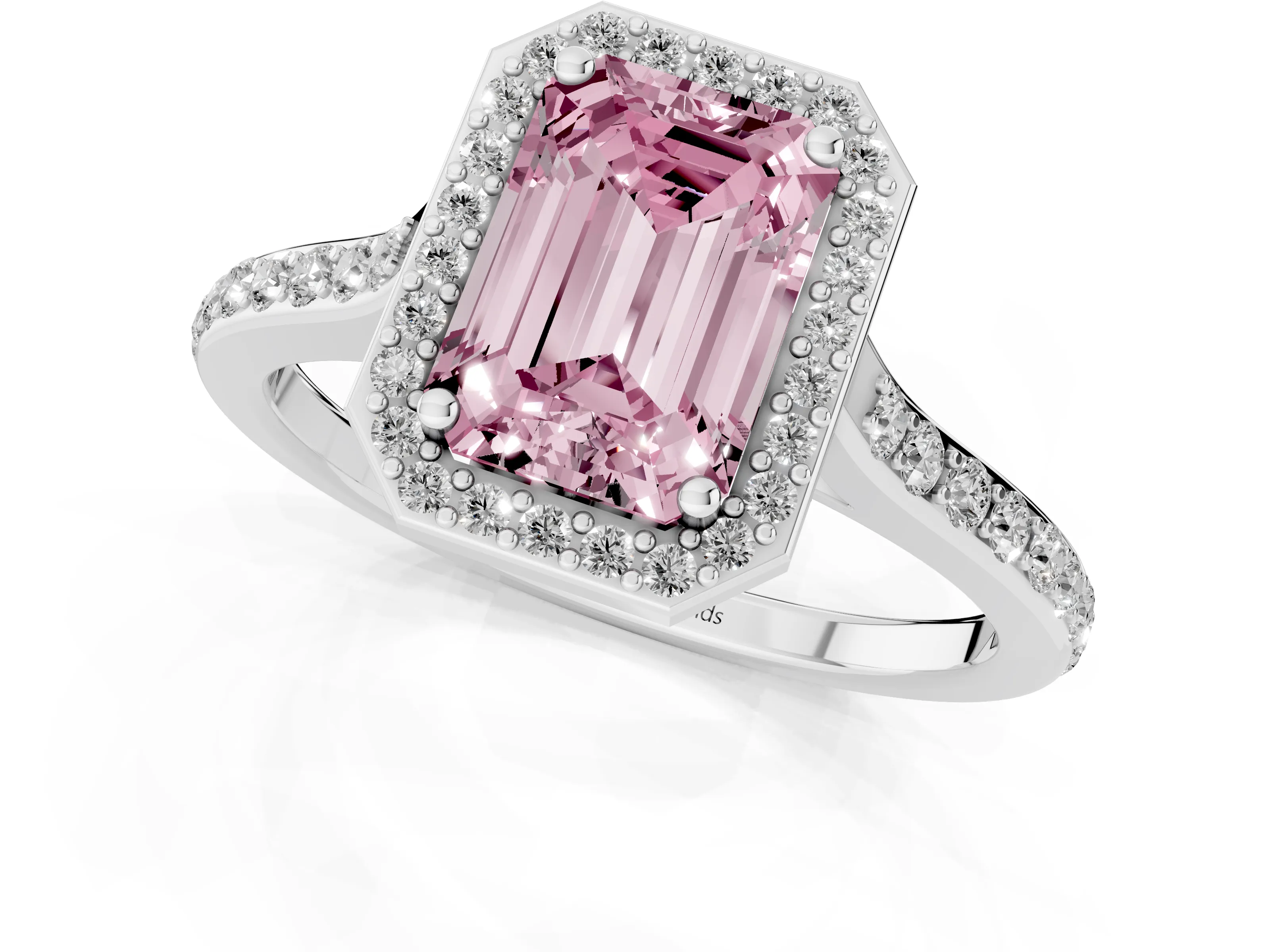 Fancy Pink Emerald Cut Diamond Halo Engagement Ring Set in Platinum with Round Pavé Shoulders and Heart Gallery – second view