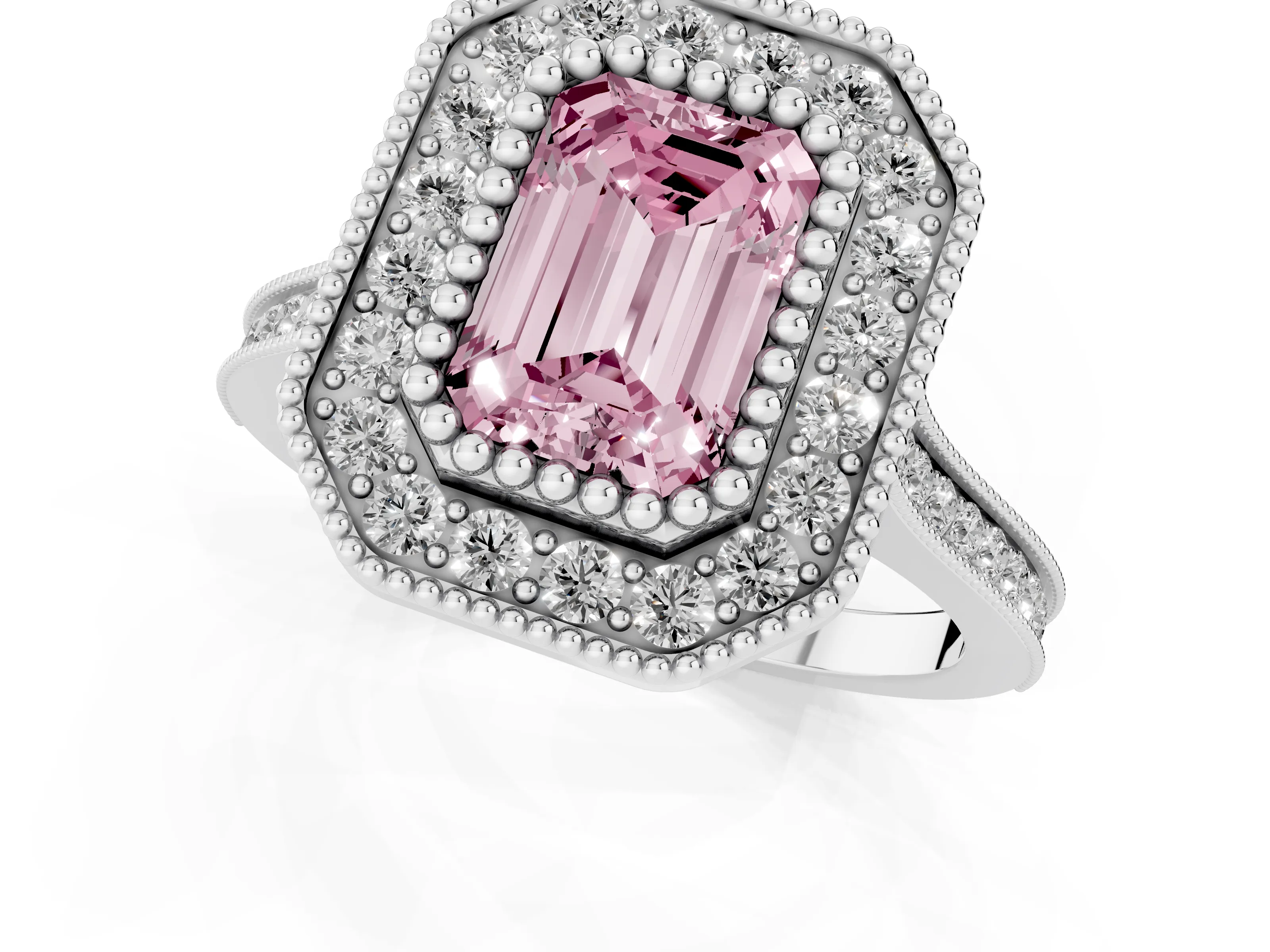 Fancy Pink Emerald Cut Diamond Halo Ring Set in White gold with Milgrain Frame and Pavé Band