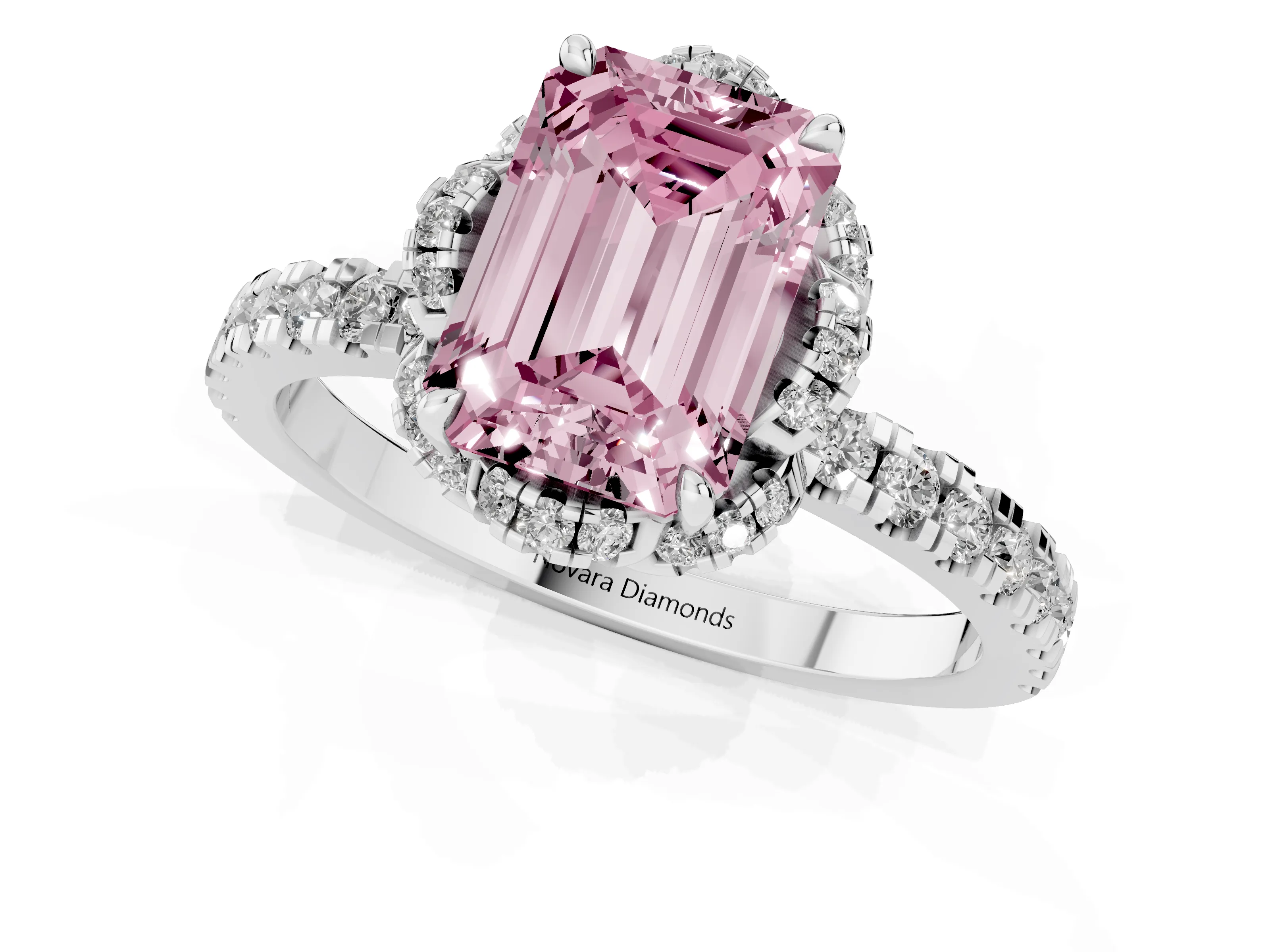 Fancy Pink Emerald Cut Diamond Halo Pavé Band Ring Set in Platinum with Prong-Held Center
