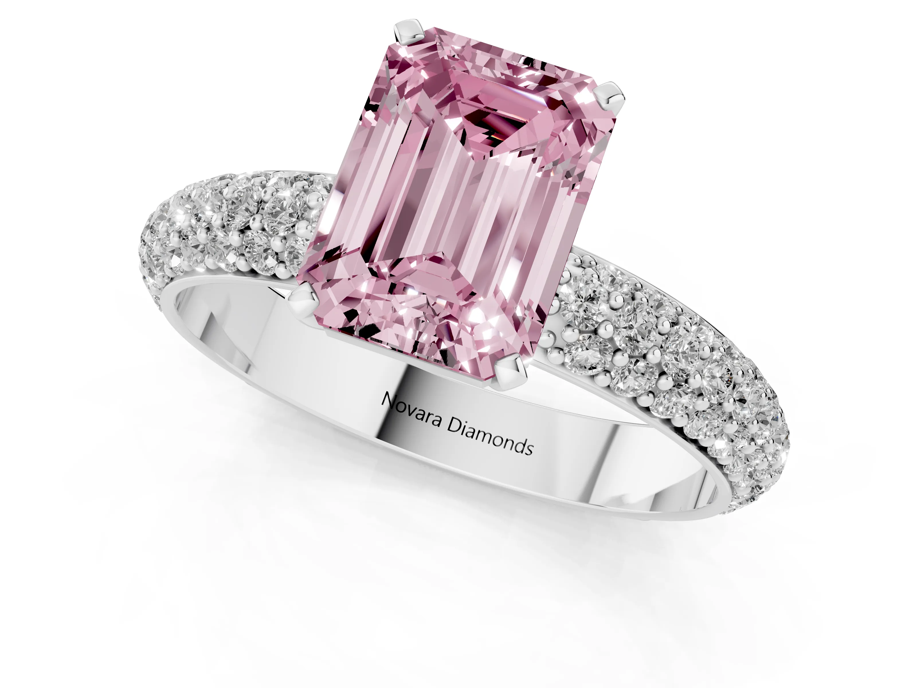 Fancy Pink Emerald Cut Diamond Solitaire Ring Set in Platinum with Prong Setting and Pavé-Set Band