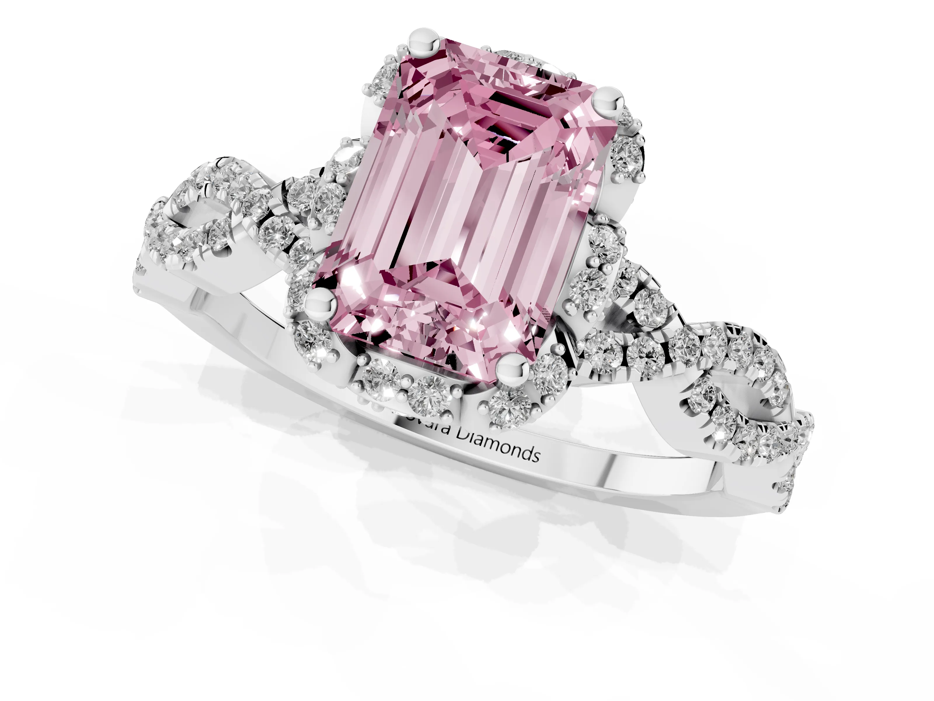 Fancy Pink Emerald Cut Diamond Halo Twist Band Solitaire Ring Set in Platinum with Prong-Set Center Stone