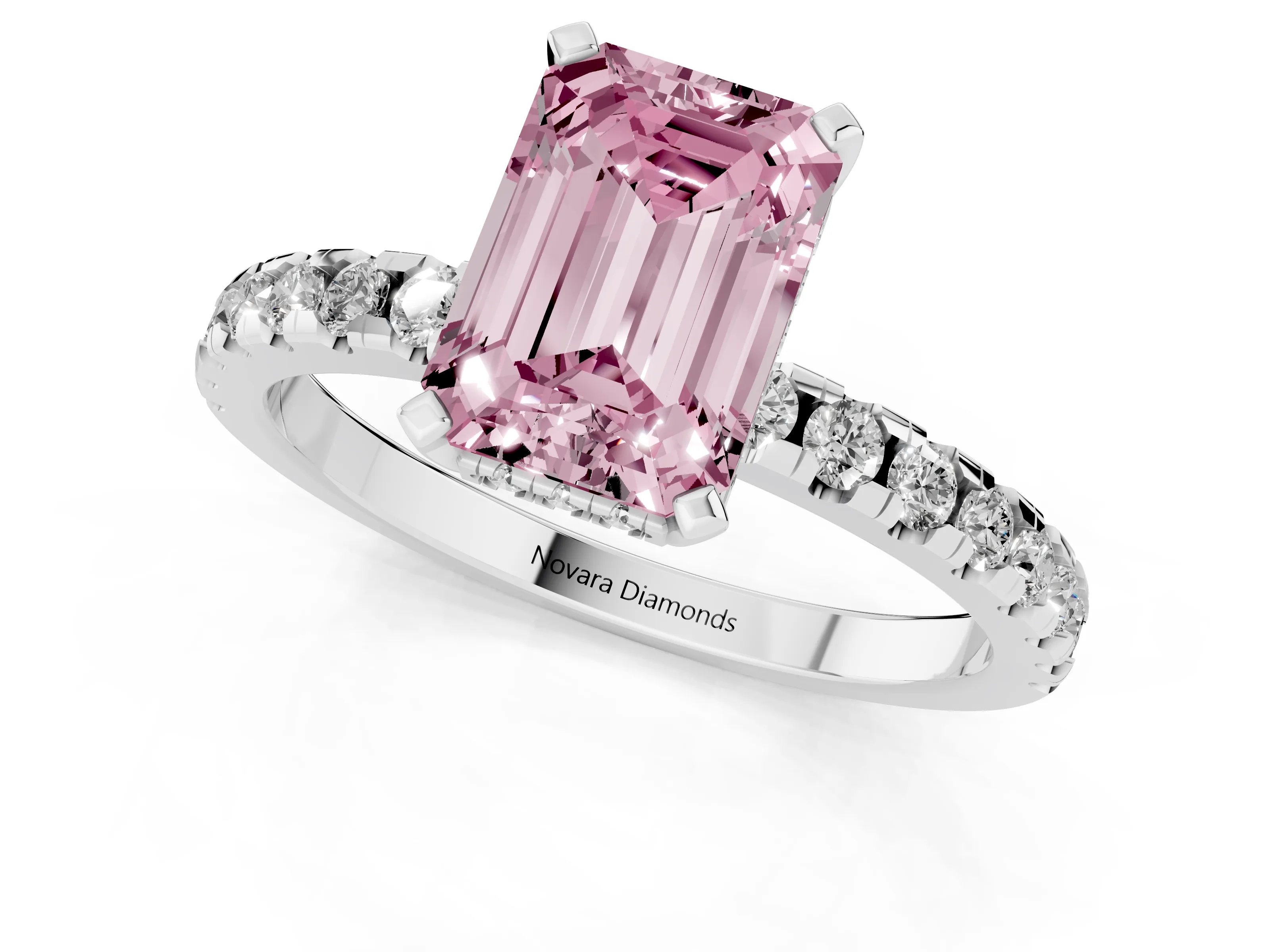 Fancy Pink Emerald Cut Diamond Pavé Solitaire Ring Set in Platinum with Round Band Accents and Prong Setting – second view