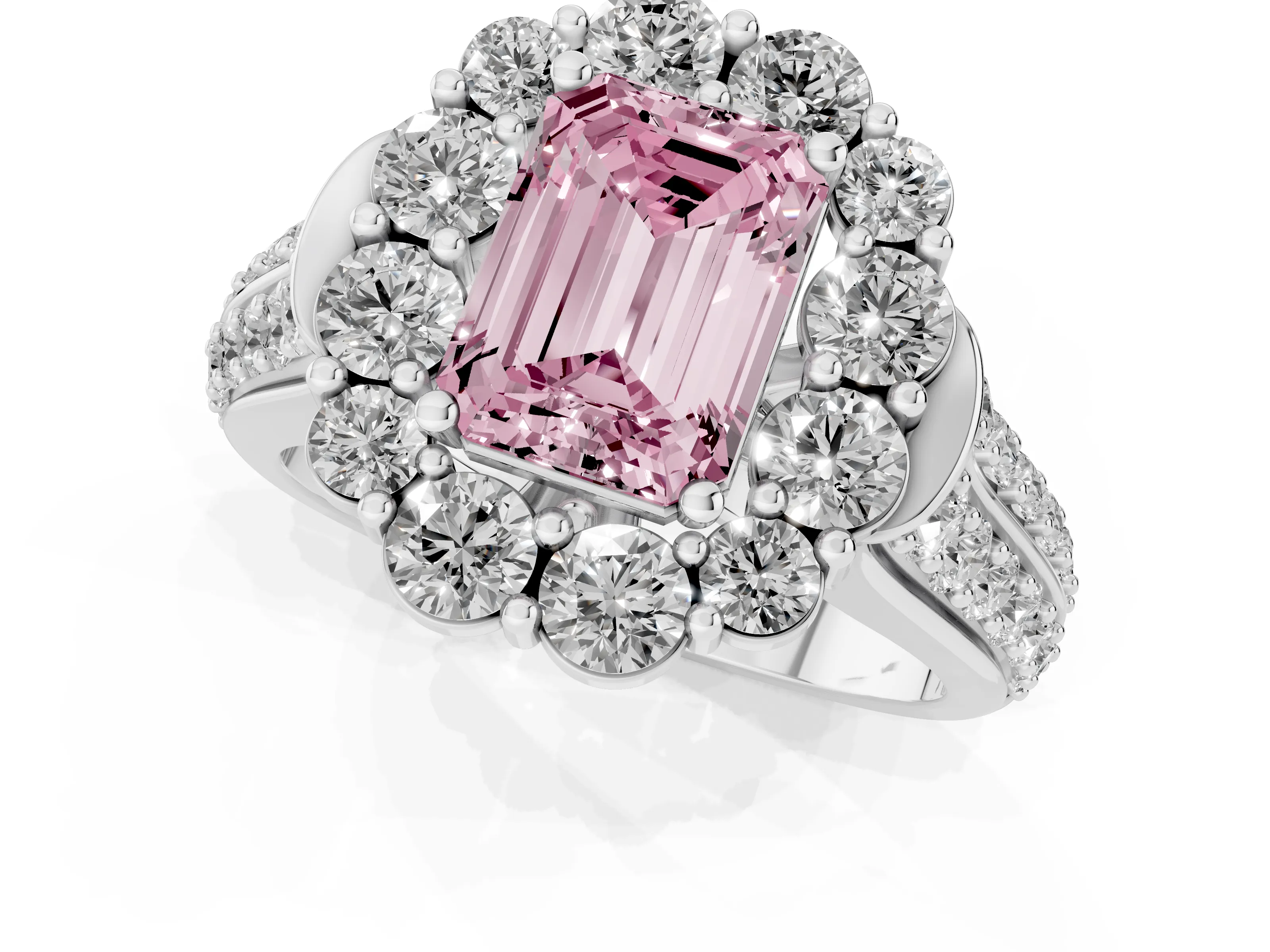 Fancy Pink Emerald Cut Diamond Halo Engagement Ring Set in Platinum with Split Shank and Prong Setting