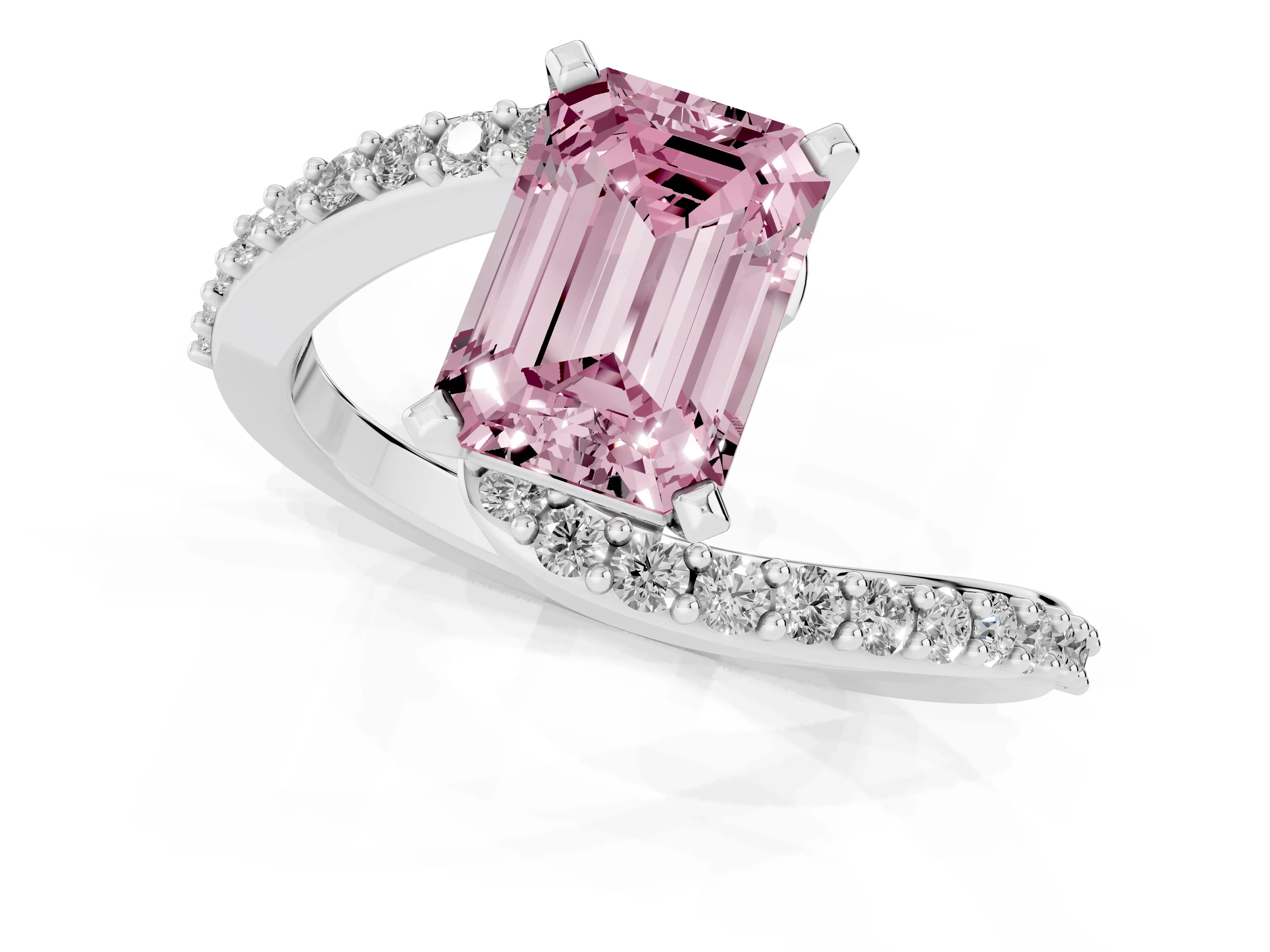 Fancy Pink Emerald Cut Diamond Solitaire Ring Set in Platinum with Pavé Twist Band and Prong Setting