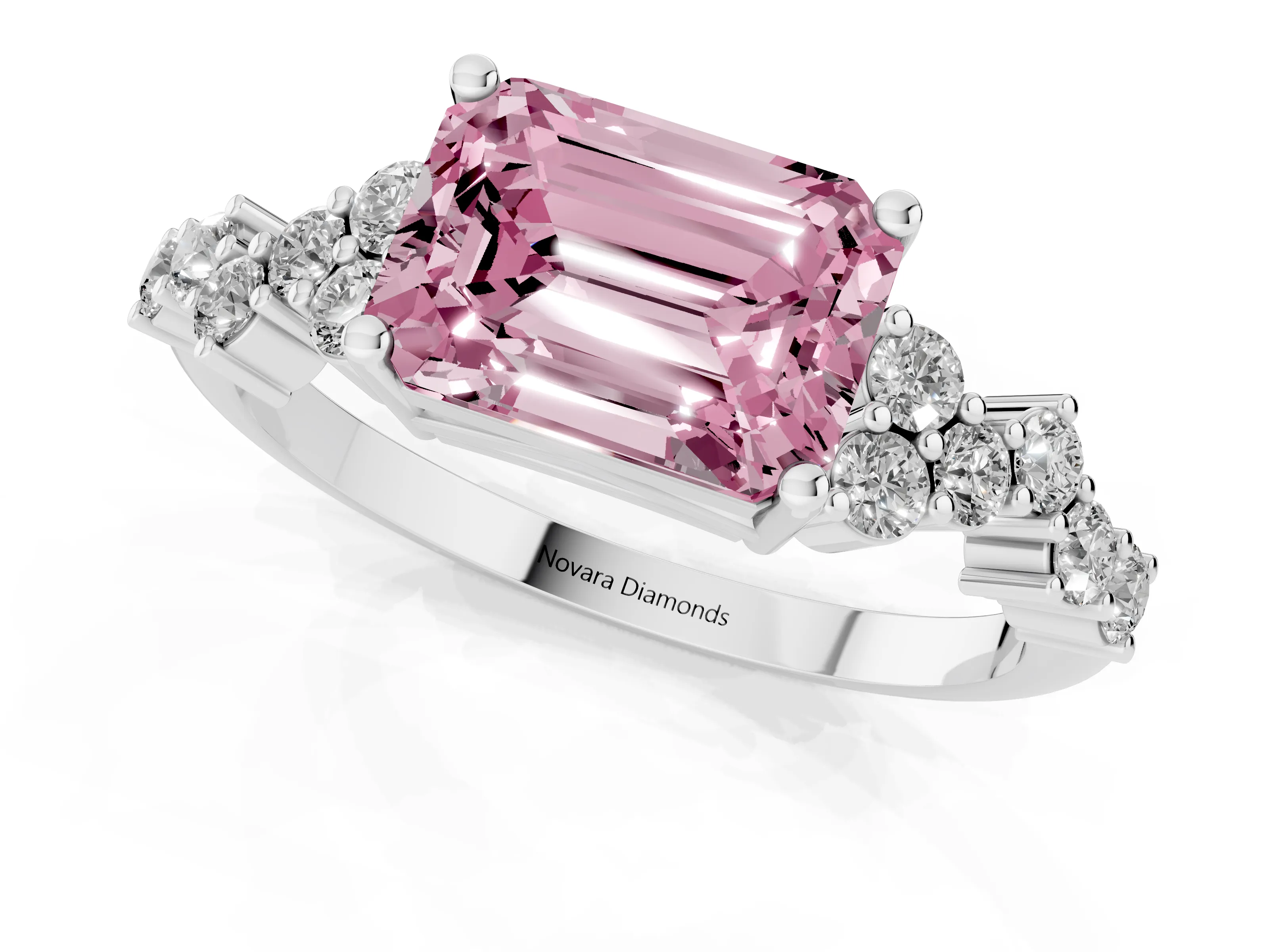 Fancy Pink Emerald Cut Diamond Ring Set in Silver with Scattered Round Accents