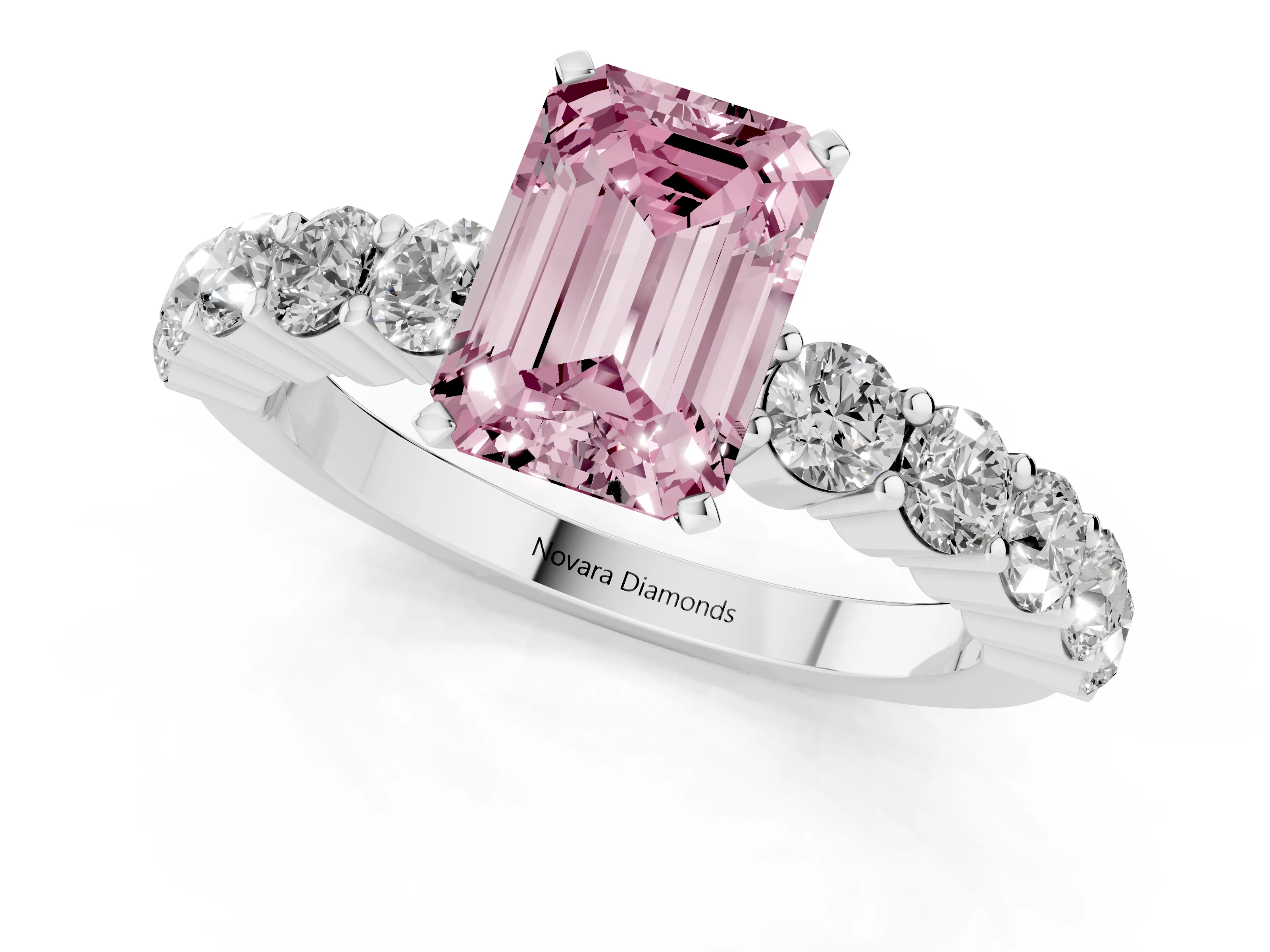 Fancy Pink Emerald Cut Diamond Solitaire Ring Set in Platinum with Shared Prong Round Side Stones