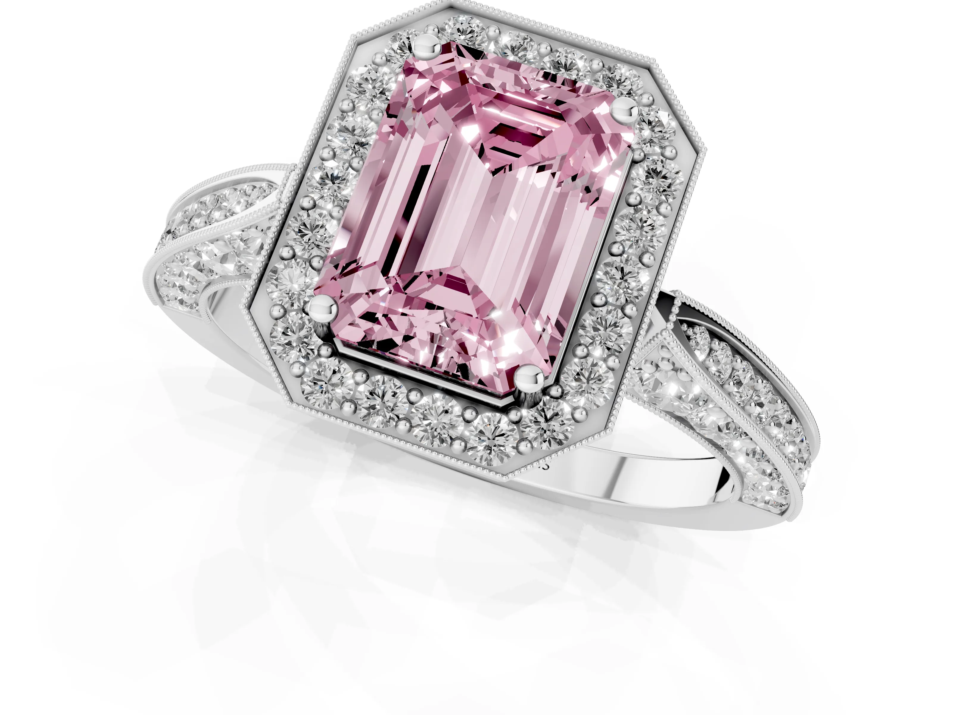 Fancy Pink Emerald Cut Diamond Halo Engagement Ring Set in Platinum with Accent Split Shank Band
