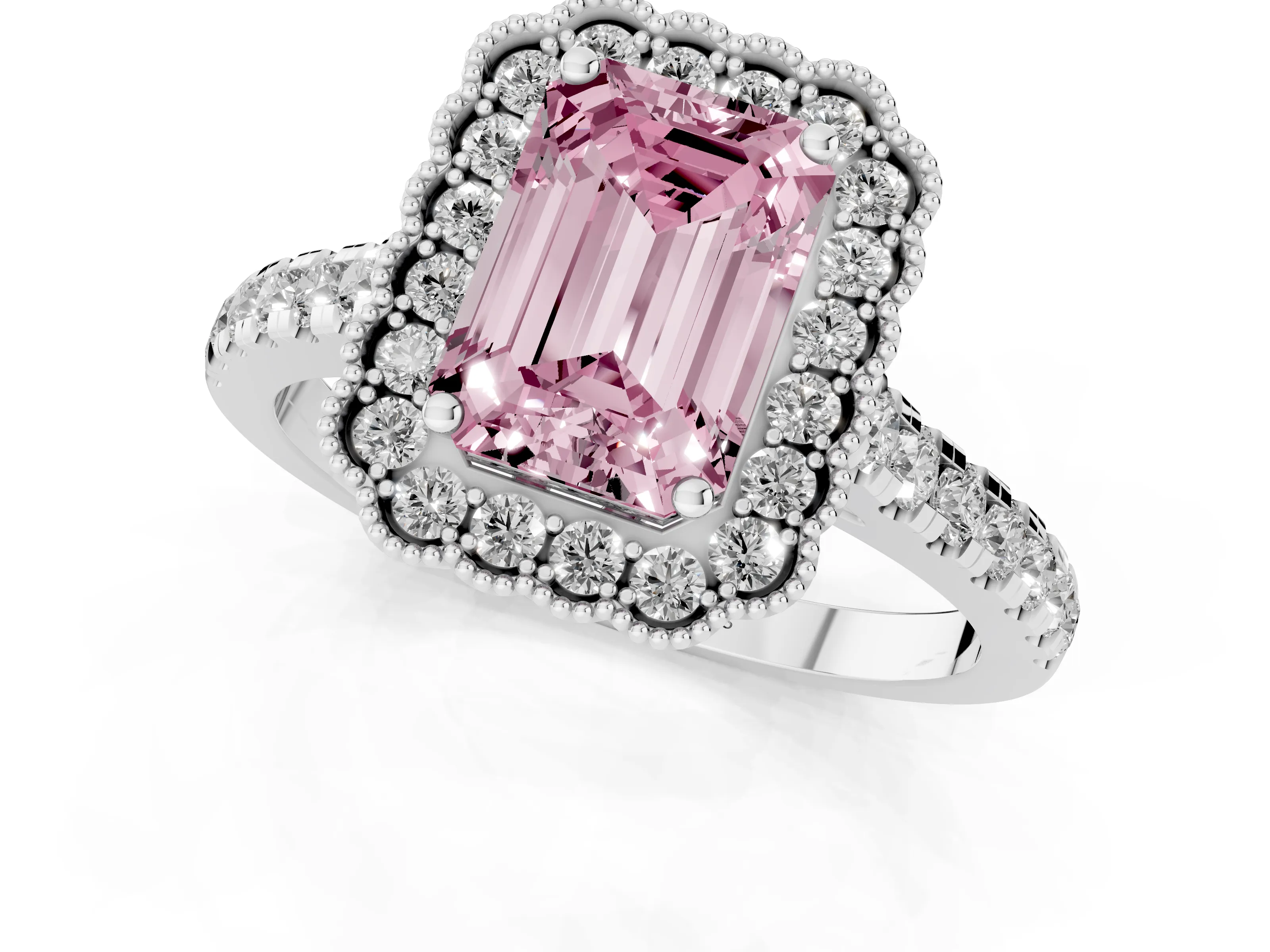 Fancy Pink Emerald Cut Diamond Milgrain Floral Halo Engagement Ring Set in Silver with Pavé Band