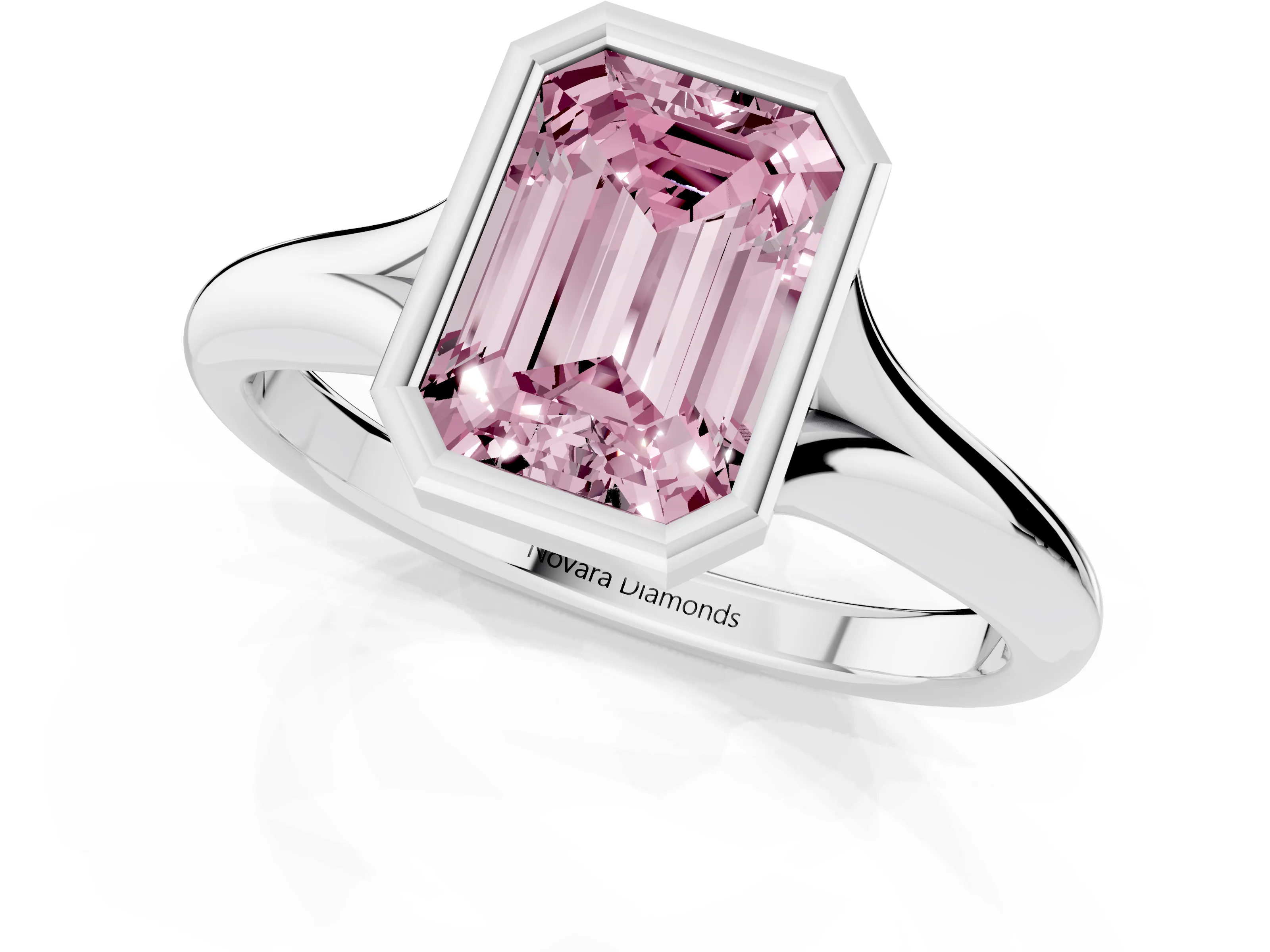 Fancy Pink Bezel Set Emerald Cut Diamond Solitaire Ring Set in White gold with Smooth Band