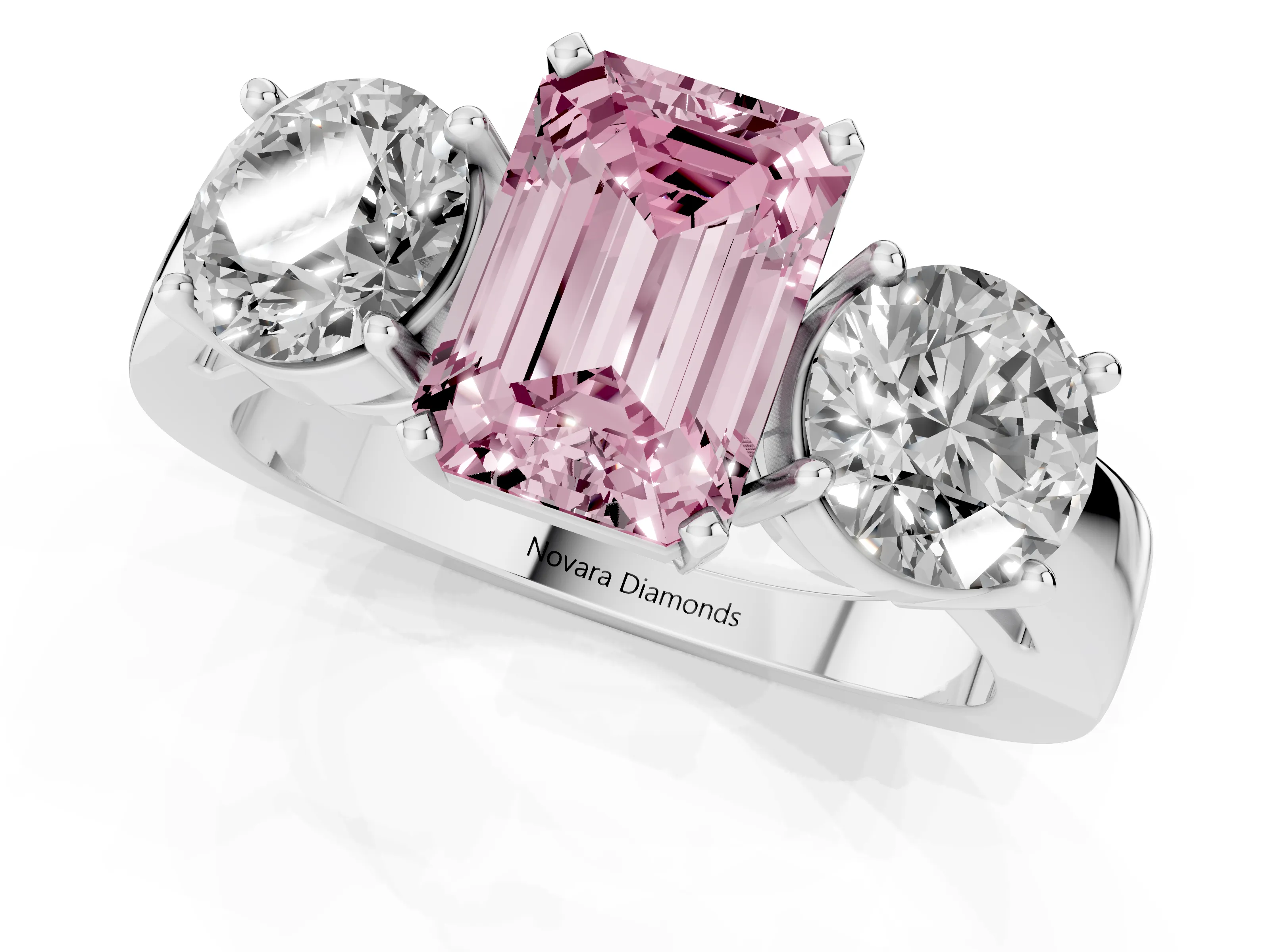 Fancy Pink Emerald Cut Diamond Three-Stone Ring Set in Silver with Round Side Stones and Classic Band