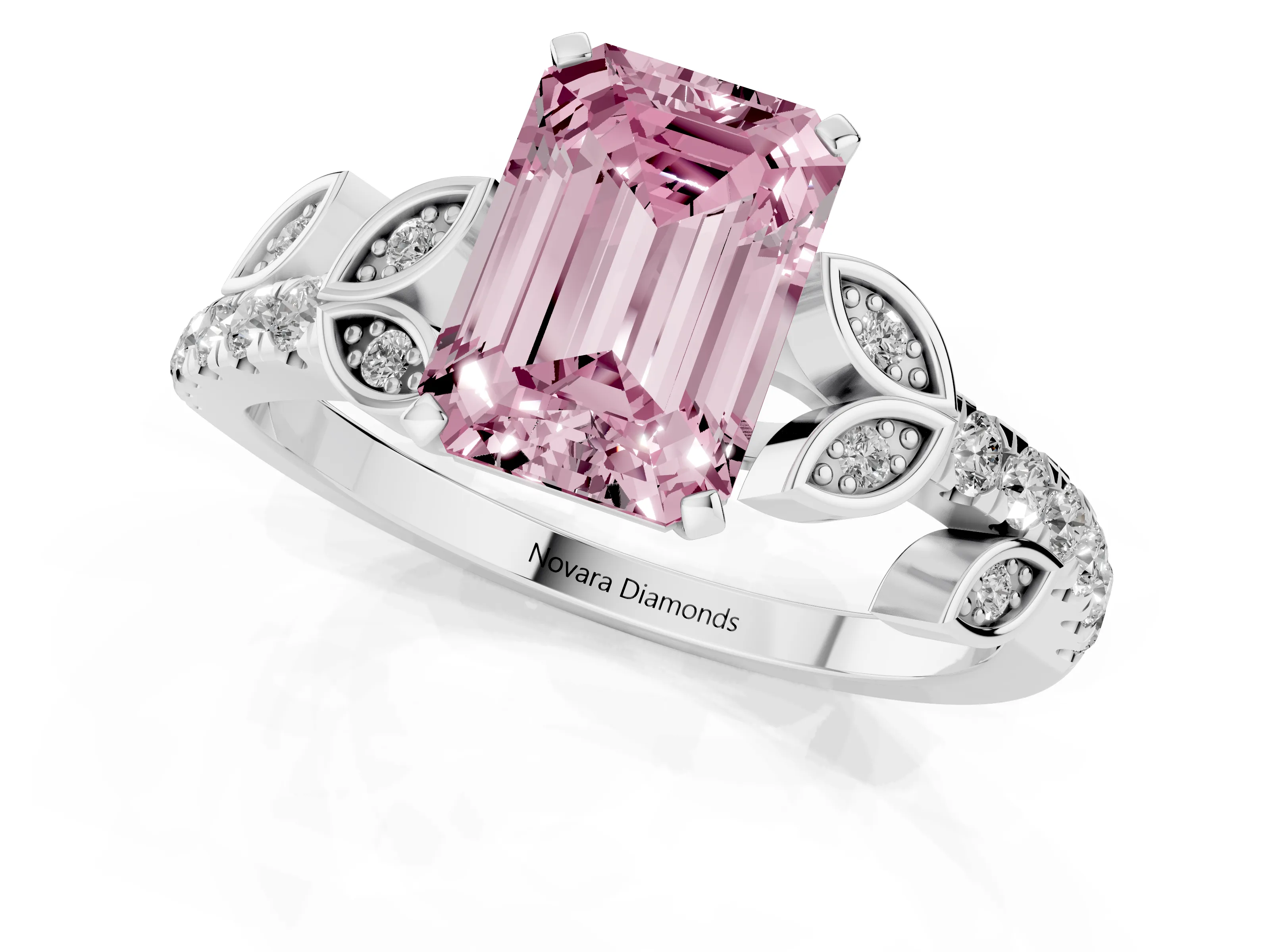 Fancy Pink Emerald Cut Diamond Solitaire Leaf-Inspired Ring Set in Platinum with Pavé Band and Prong Setting