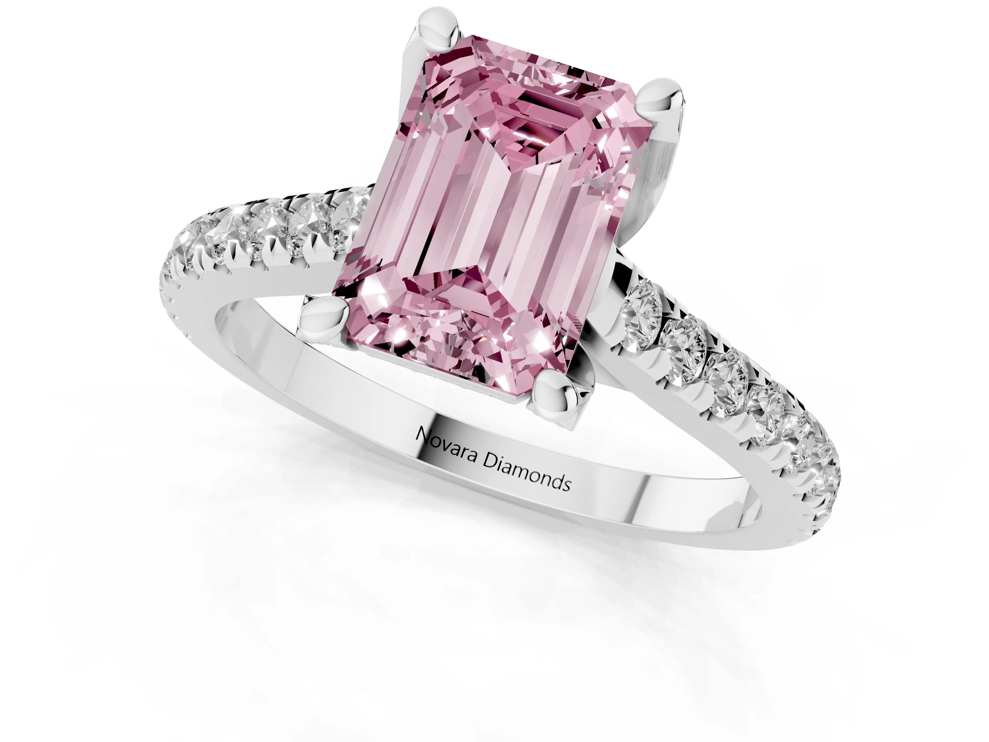 Fancy Pink Emerald Cut Diamond Solitaire Ring Set in Platinum with Brilliant Pavé Band and Prong Setting