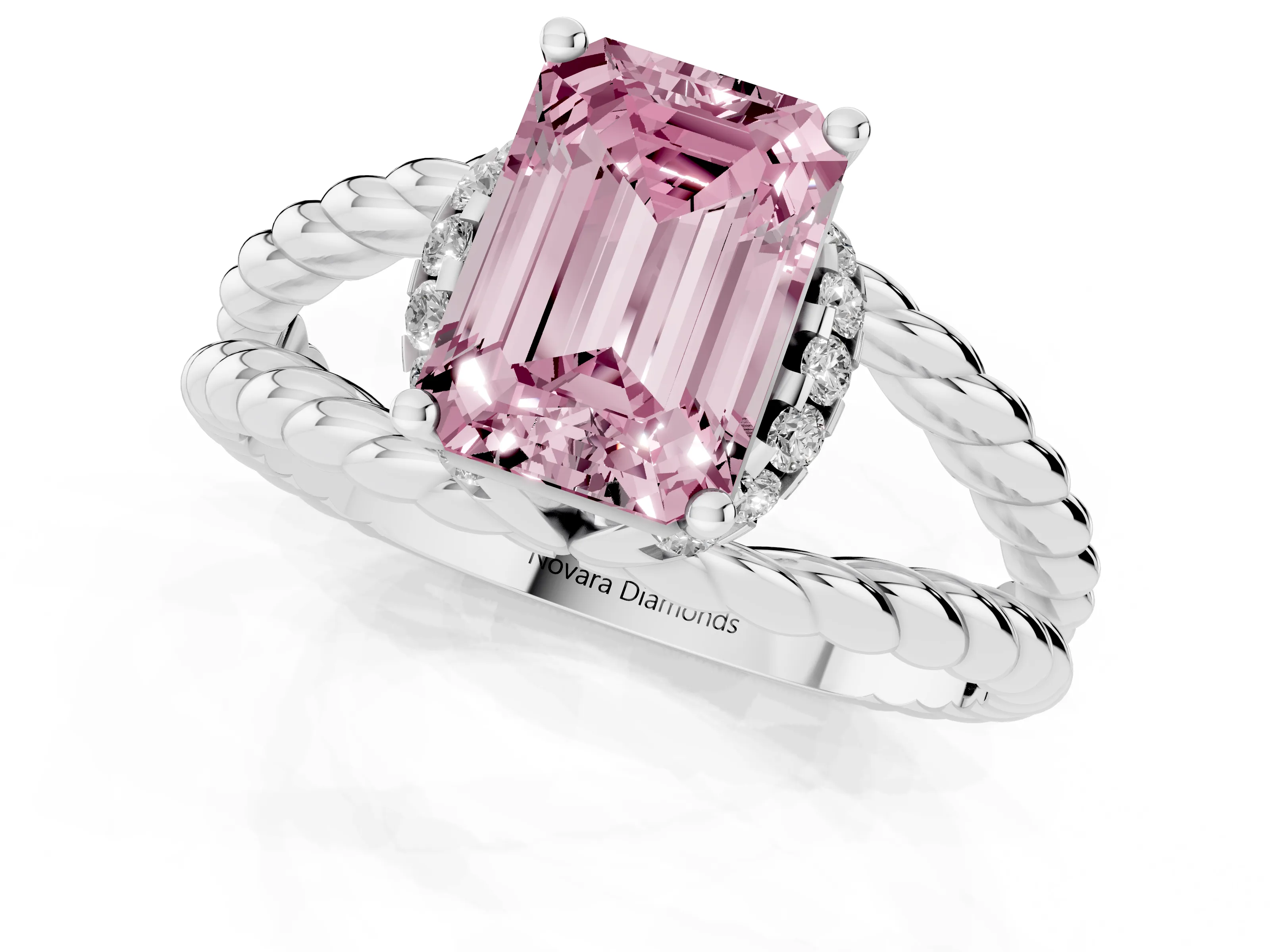 Fancy Pink Emerald Cut Diamond Halo Ring Set in White gold with Twisted Band and Prong Setting