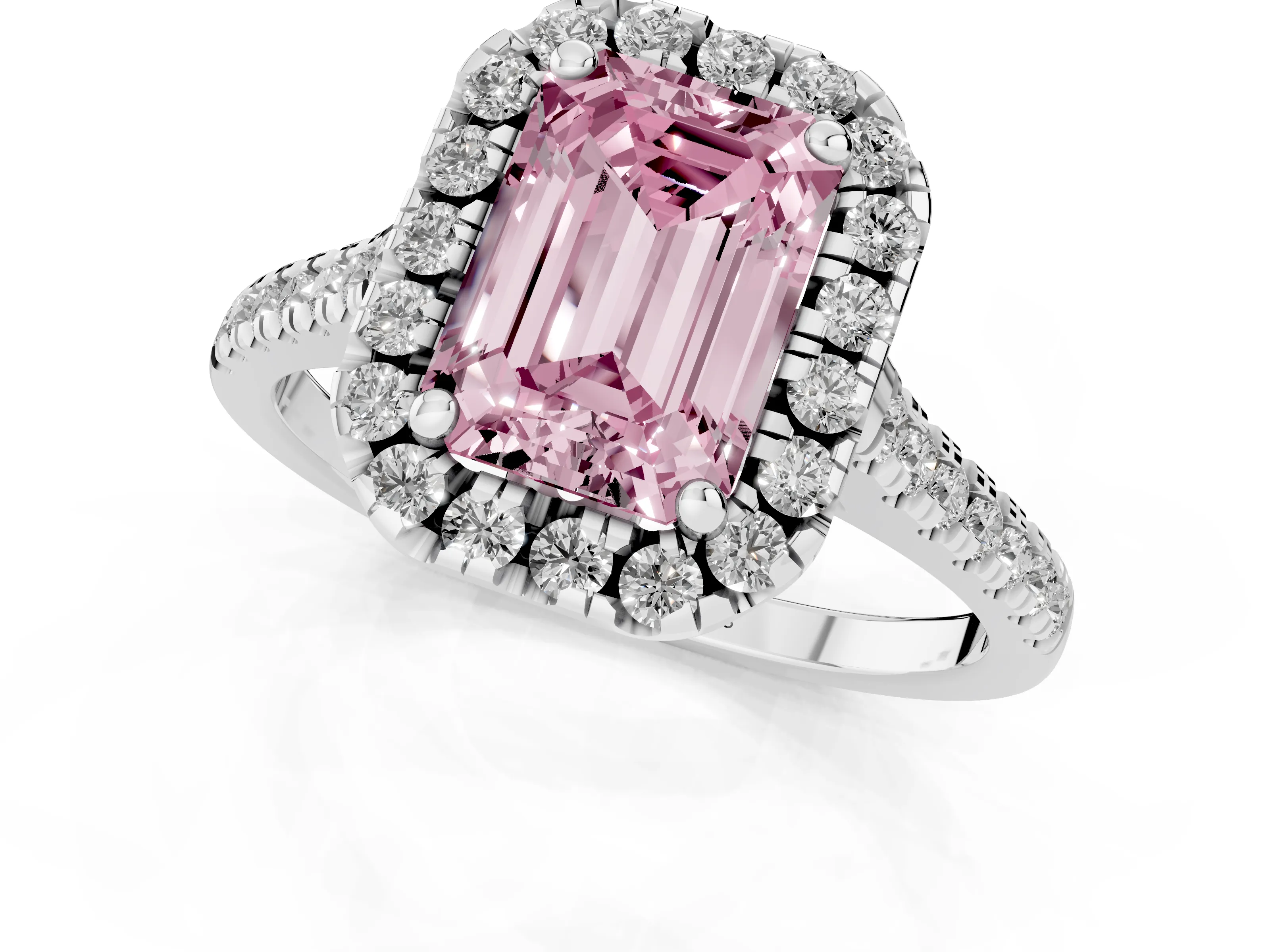 Fancy Pink Emerald Cut Diamond Cushion Halo Ring Set in White gold with Pavé Band