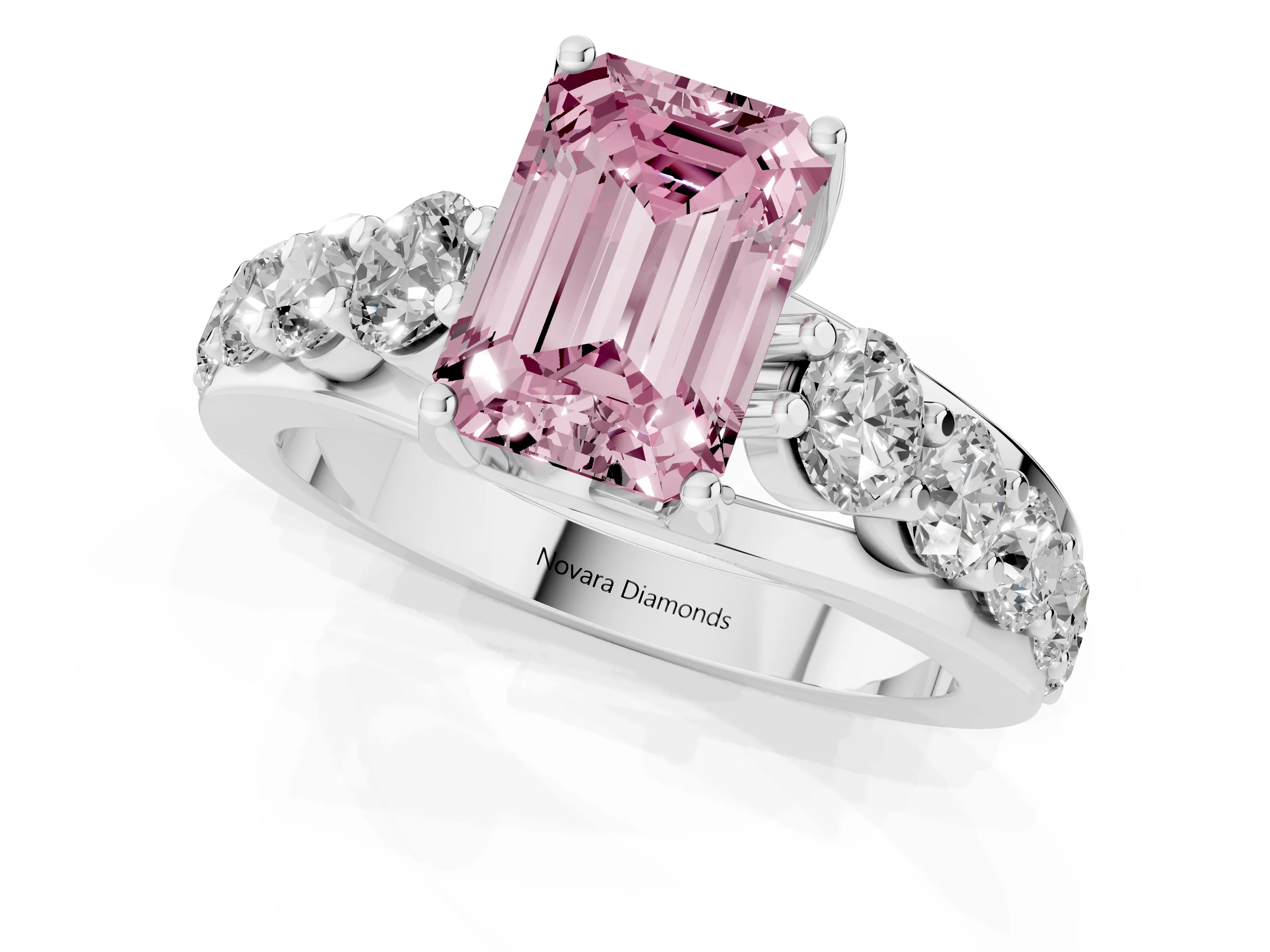 Fancy Pink Emerald Cut Diamond Pavé Engagement Ring Set in Silver with Prong Setting