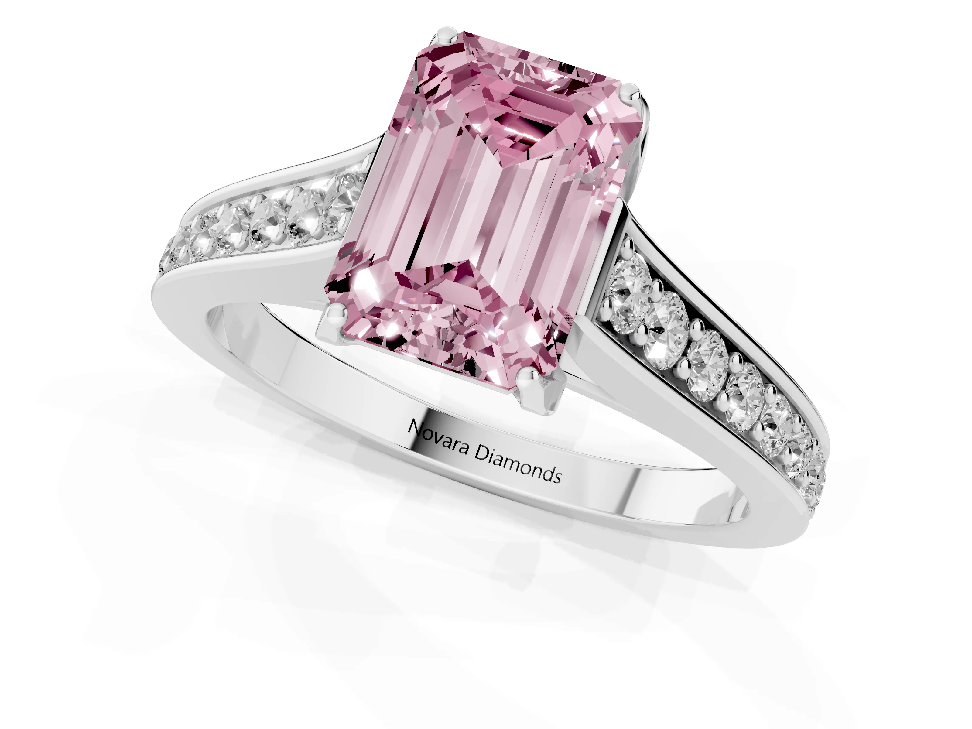 Fancy Pink Emerald Cut Diamond Solitaire Pavé Engagement Ring Set in White gold with Prong Setting