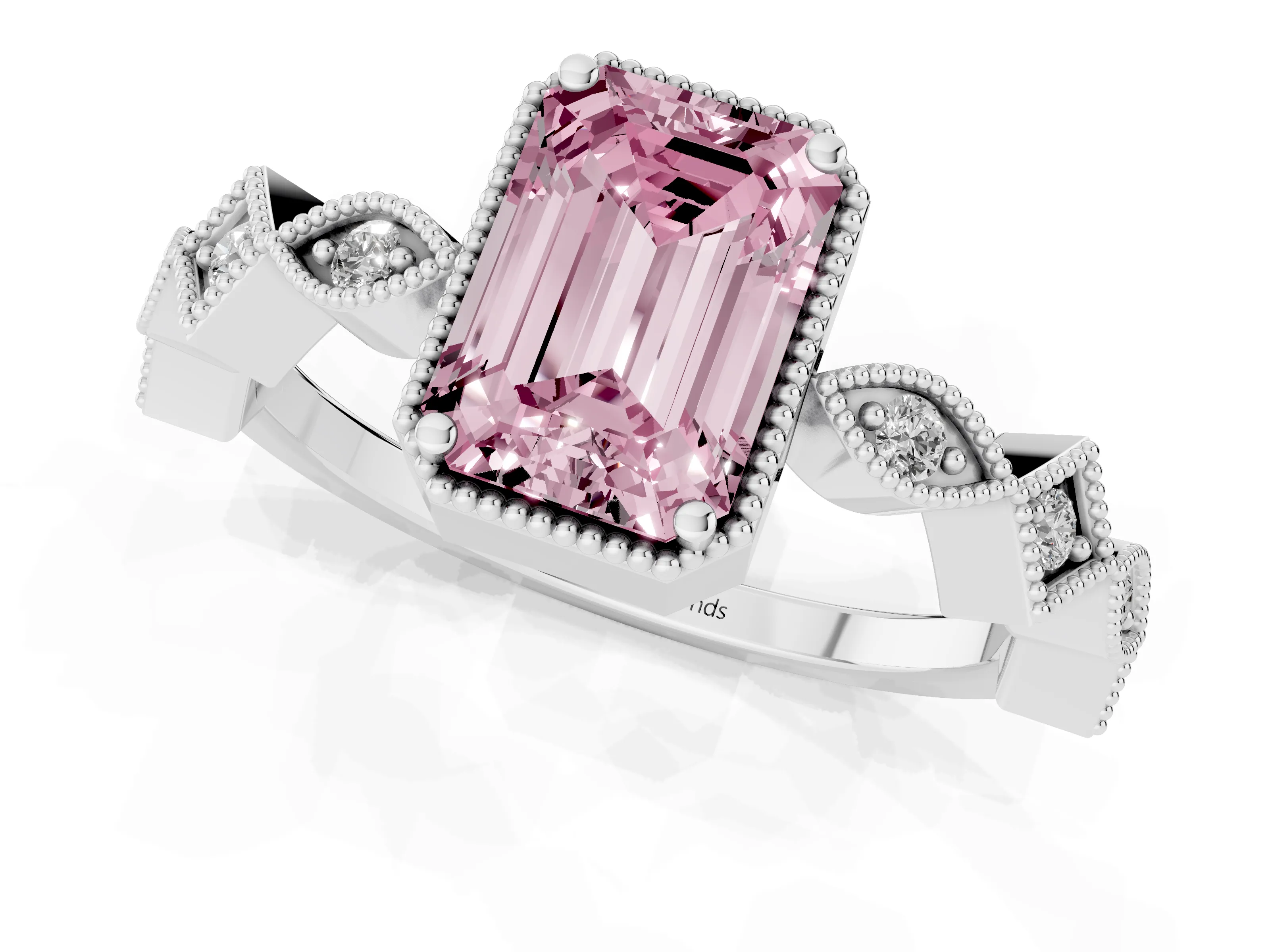 Fancy Pink Emerald Cut Diamond Milgrain Marquise Twist Band Ring Set in Silver with Prong Setting