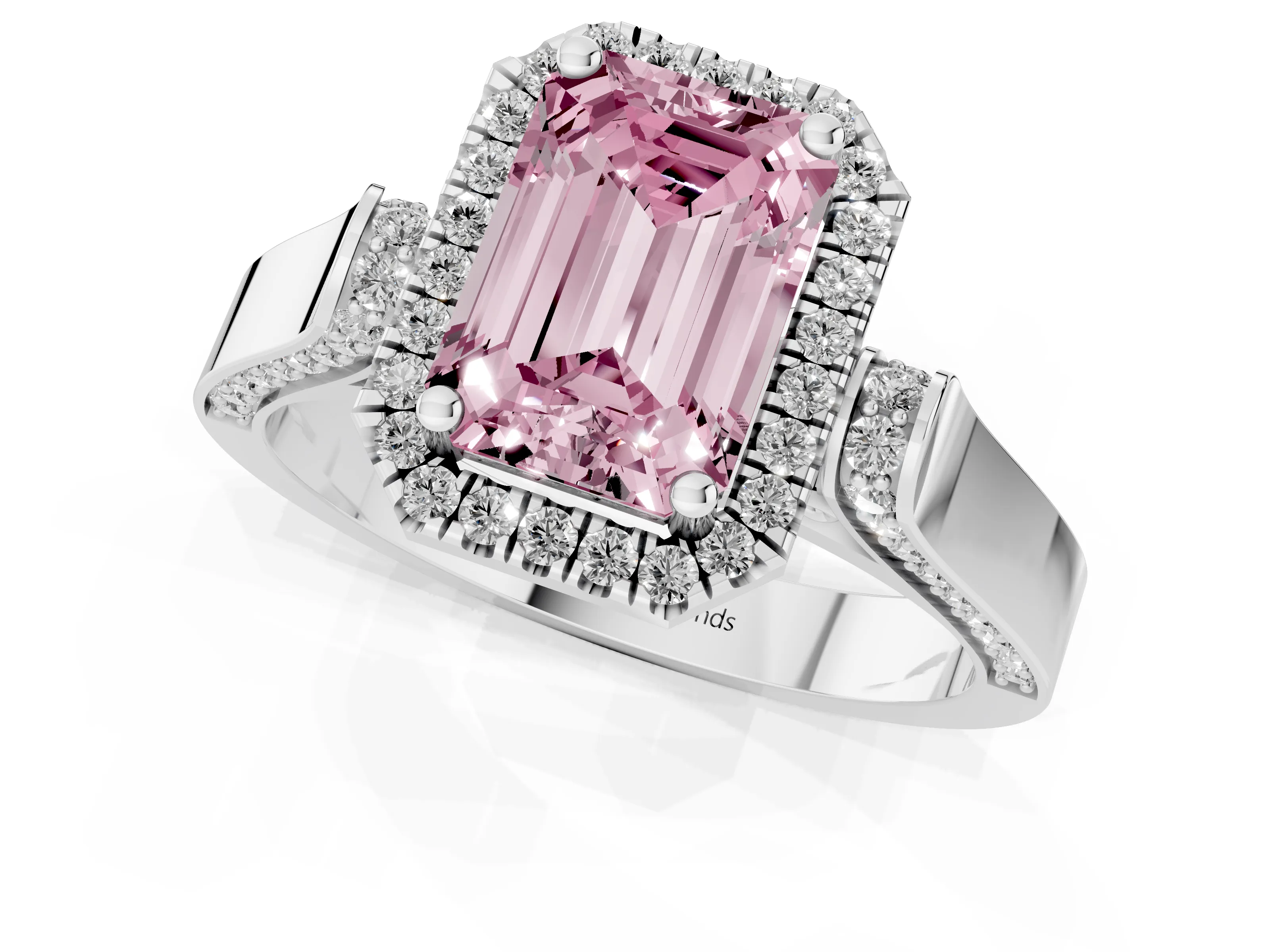 Fancy Pink Emerald Cut Diamond Halo Ring Set in Platinum with Pavé-Lined Split Shank Band