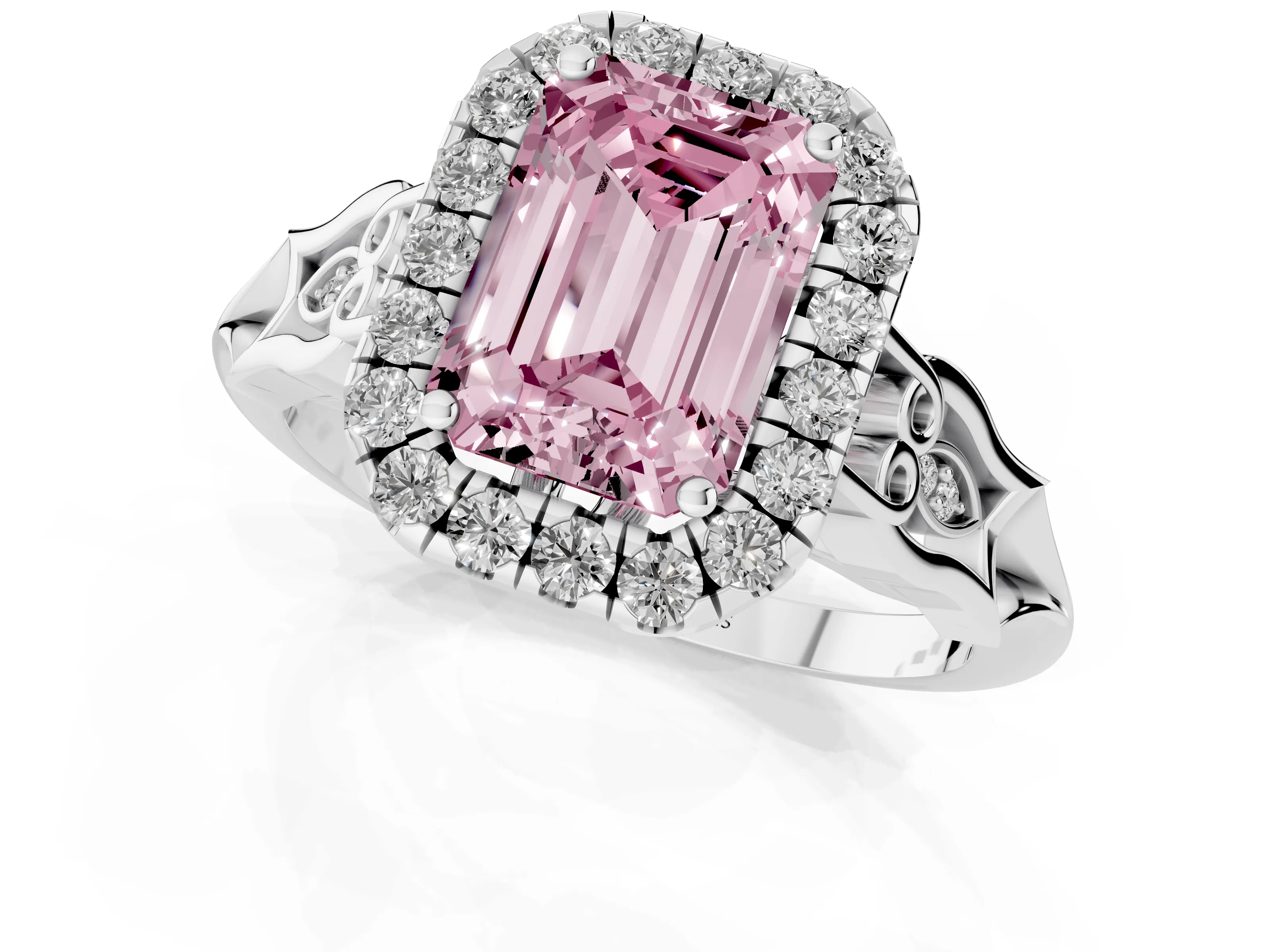 Fancy Pink Emerald Cut Diamond Halo Engagement Ring Set in Platinum with Filigree Band and Prong-Set Center