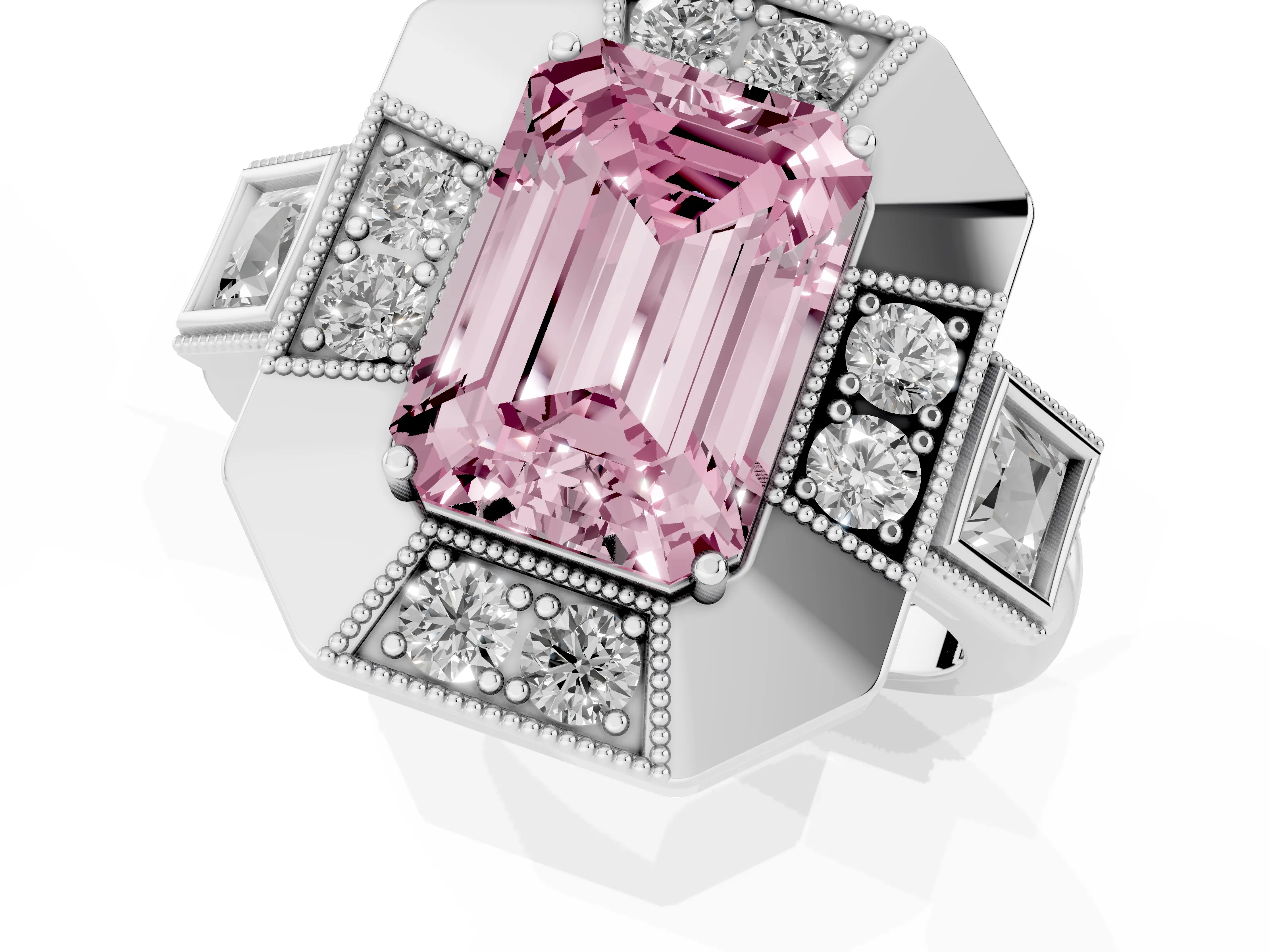 Fancy Pink Emerald Cut Diamond Milgrain Halo Ring Set in Silver with Split Shank