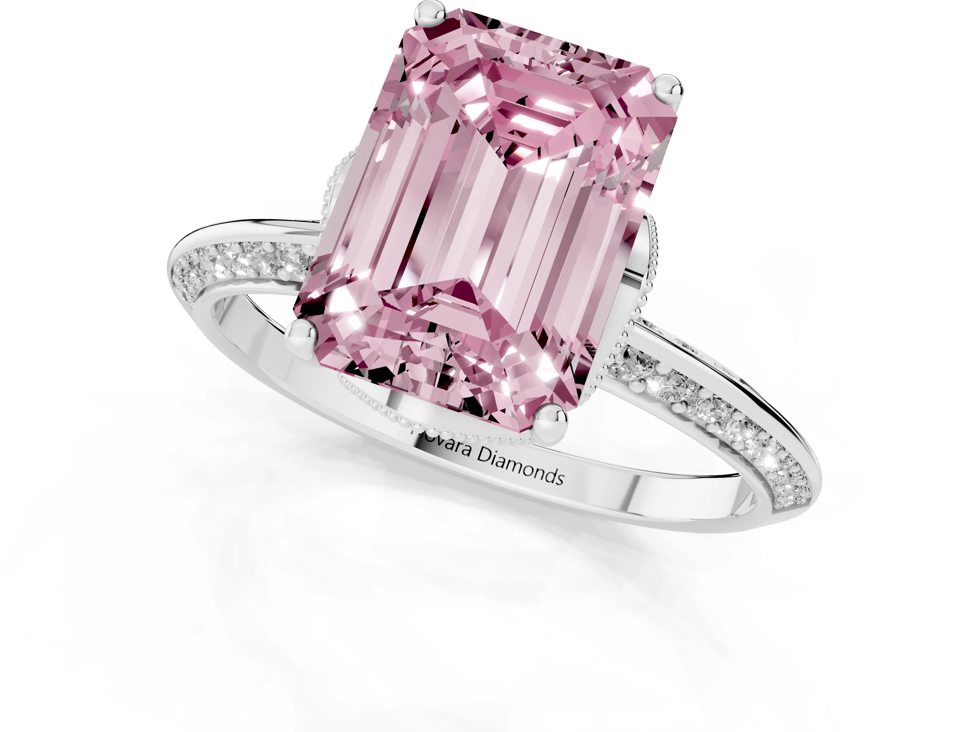 Fancy Pink Emerald Cut Diamond Solitaire Engagement Ring Set in White gold with Pavé Split Shank and Prong Setting