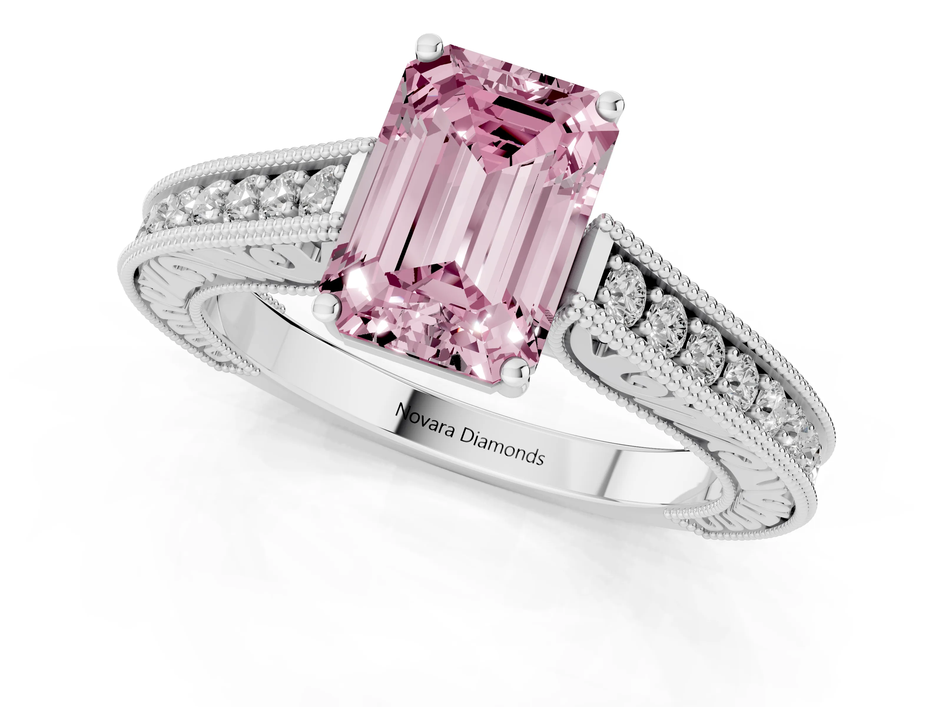 Fancy Pink Emerald Cut Diamond Milgrain Pavé Band Solitaire Ring Set in White gold with Prong Setting