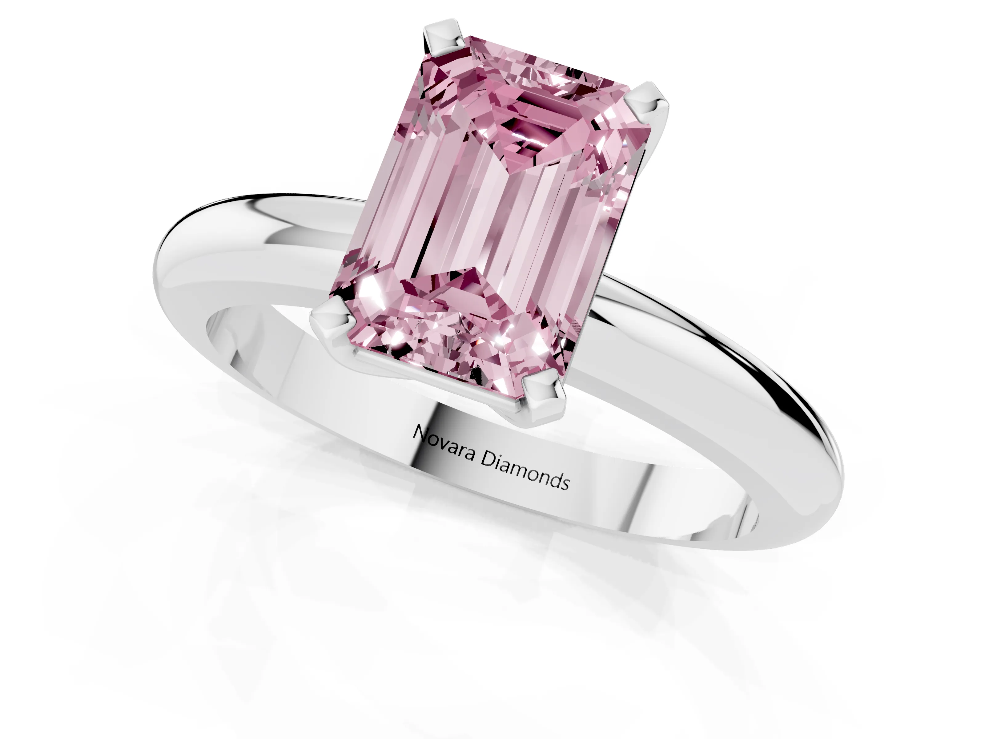 Fancy Pink Emerald Cut Diamond Solitaire Engagement Ring Set in Platinum with Round Band and Prong Setting