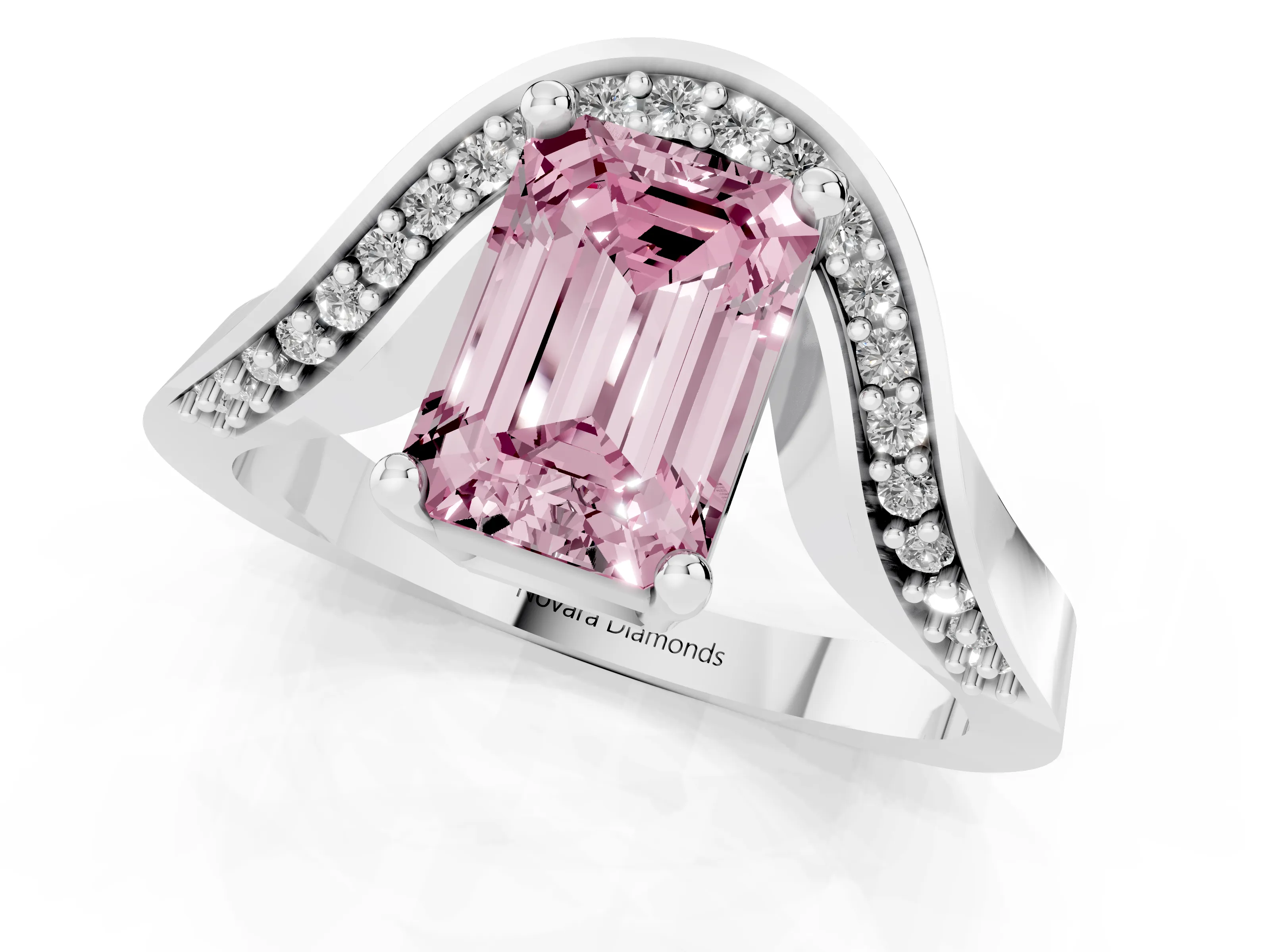 Fancy Pink Emerald Cut Diamond Solitaire Engagement Ring Set in Silver with Pavé Shoulders