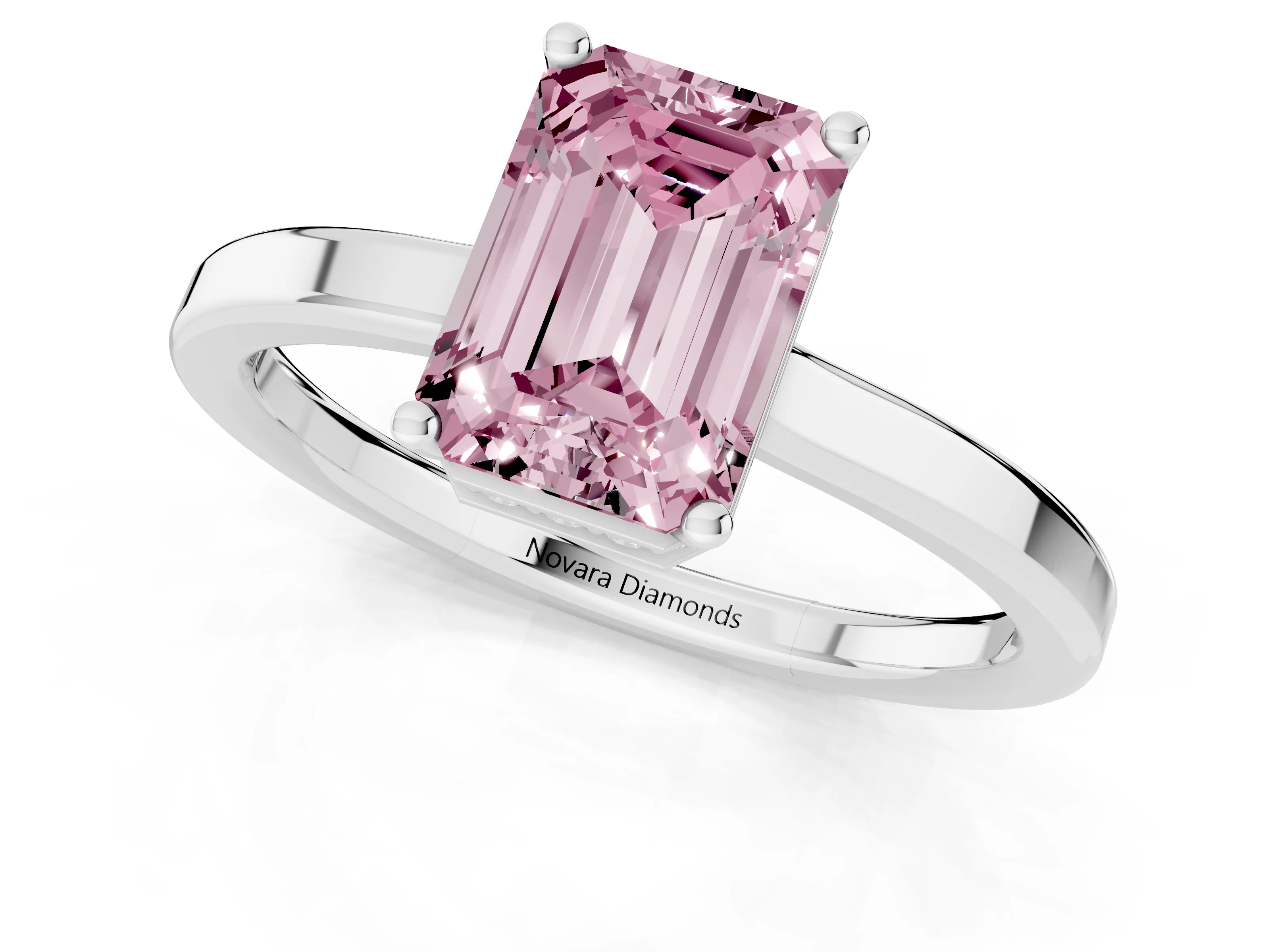 Fancy Pink Emerald Cut Diamond Solitaire Engagement Ring Set in Platinum with Prong Setting on a Plain Band