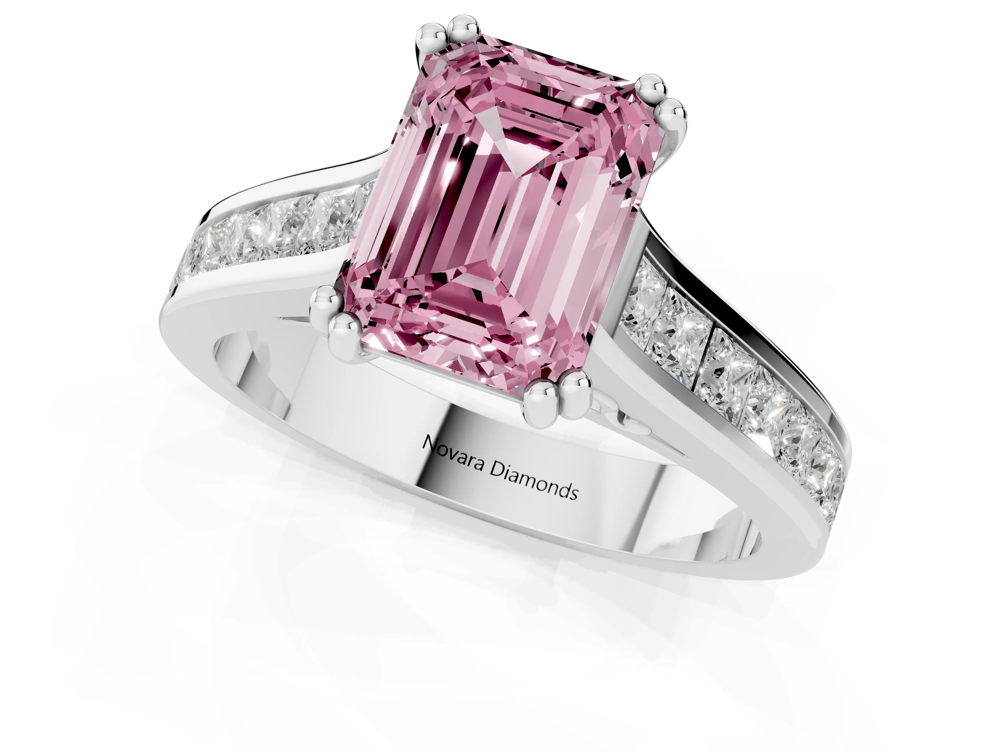 Fancy Pink Emerald Cut Diamond Channel Set Solitaire Engagement Ring Set in Silver with Prong Setting