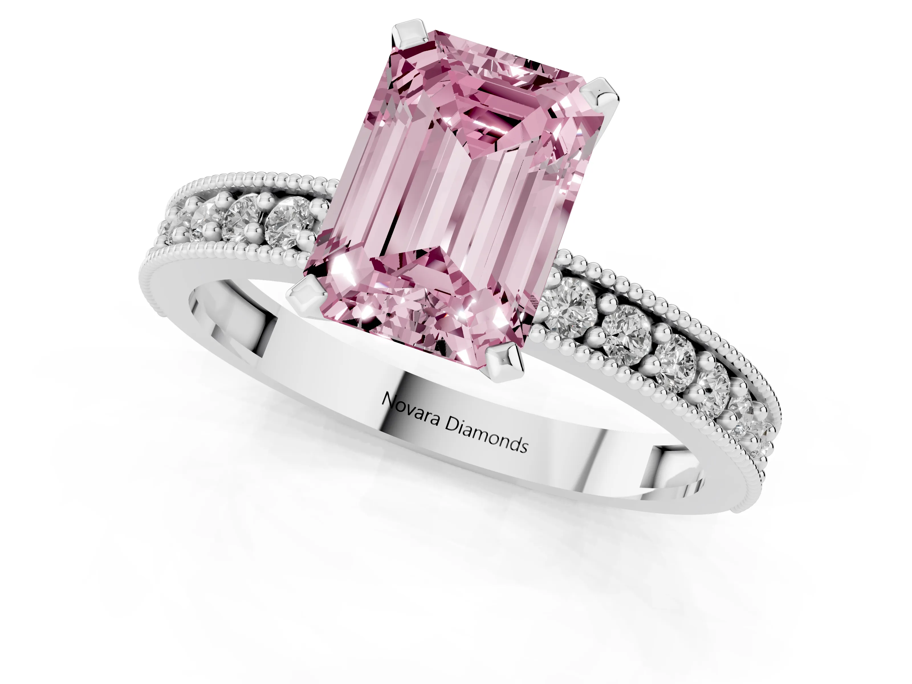 Fancy Pink Emerald Cut Diamond Milgrain Pavé Engagement Ring Set in Silver with Prong Setting