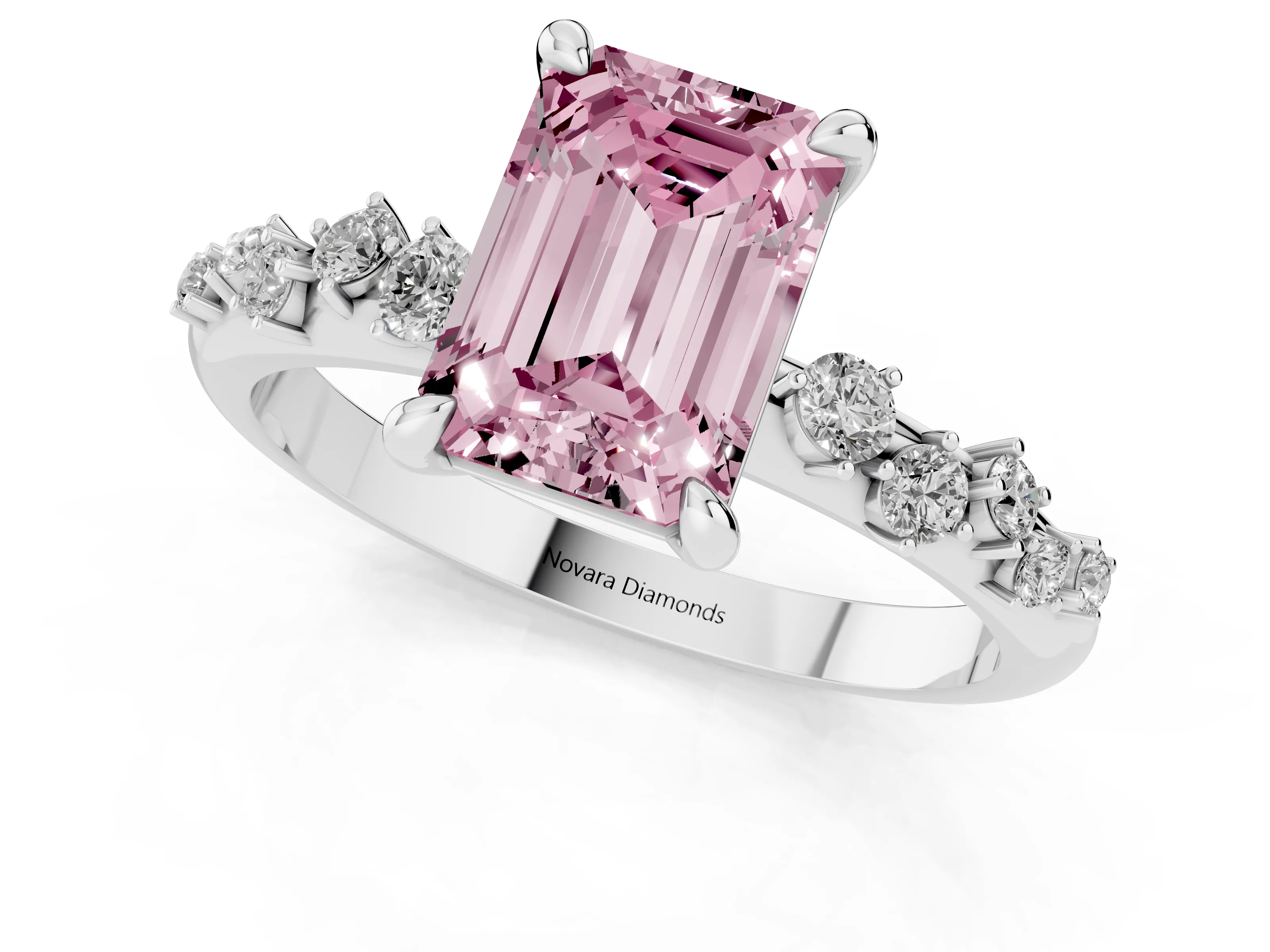 Fancy Pink Emerald Cut Diamond Solitaire Vine Band Ring Set in Platinum with Round Accents and Prong Setting – second view