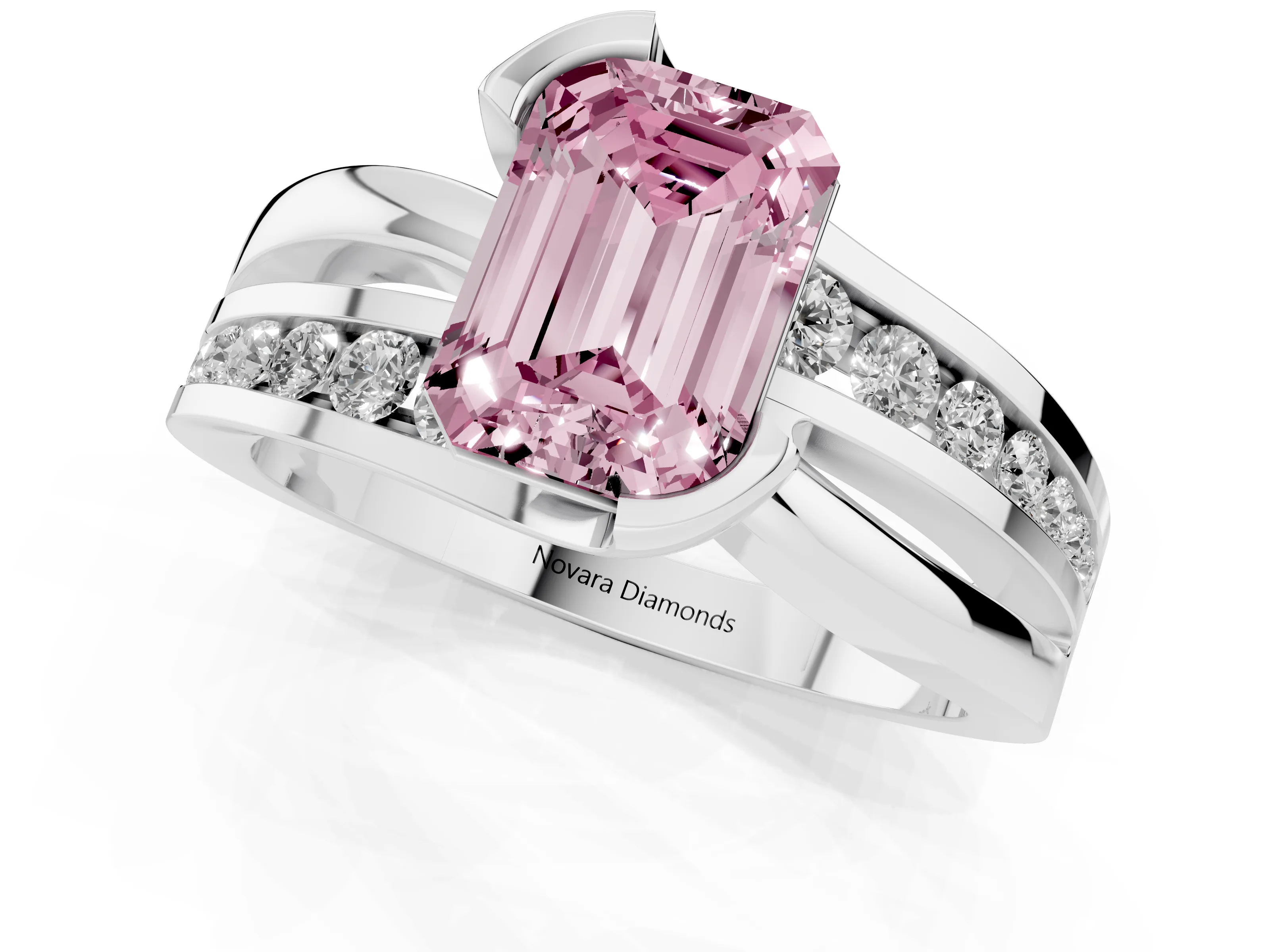 Fancy Pink Emerald Cut Diamond Solitaire Ring Set in Silver with Channel Set Split Shank and Tension Prongs