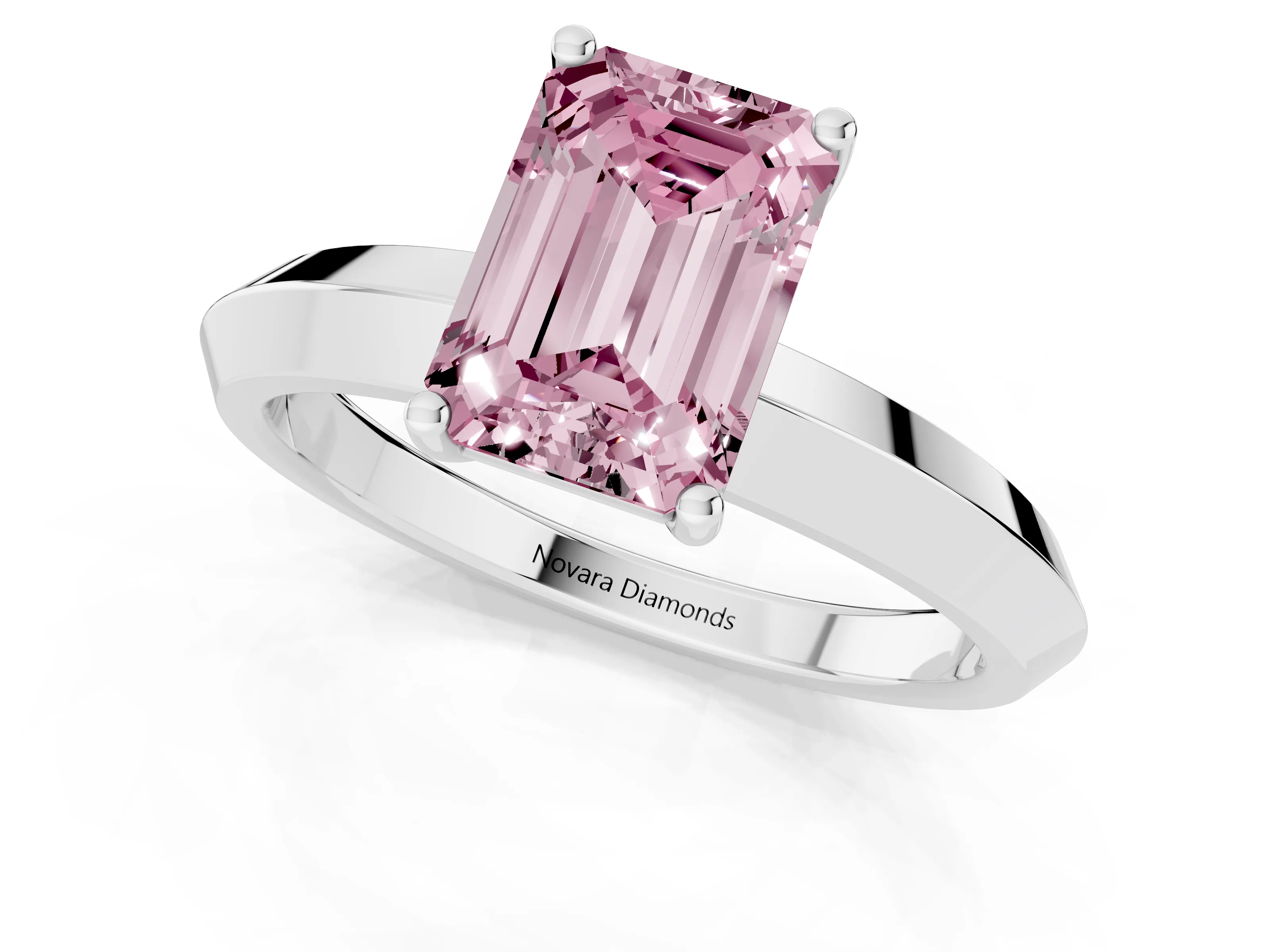 Fancy Pink Emerald Cut Diamond Solitaire Engagement Ring Set in Silver with Flat Band and Prong Setting