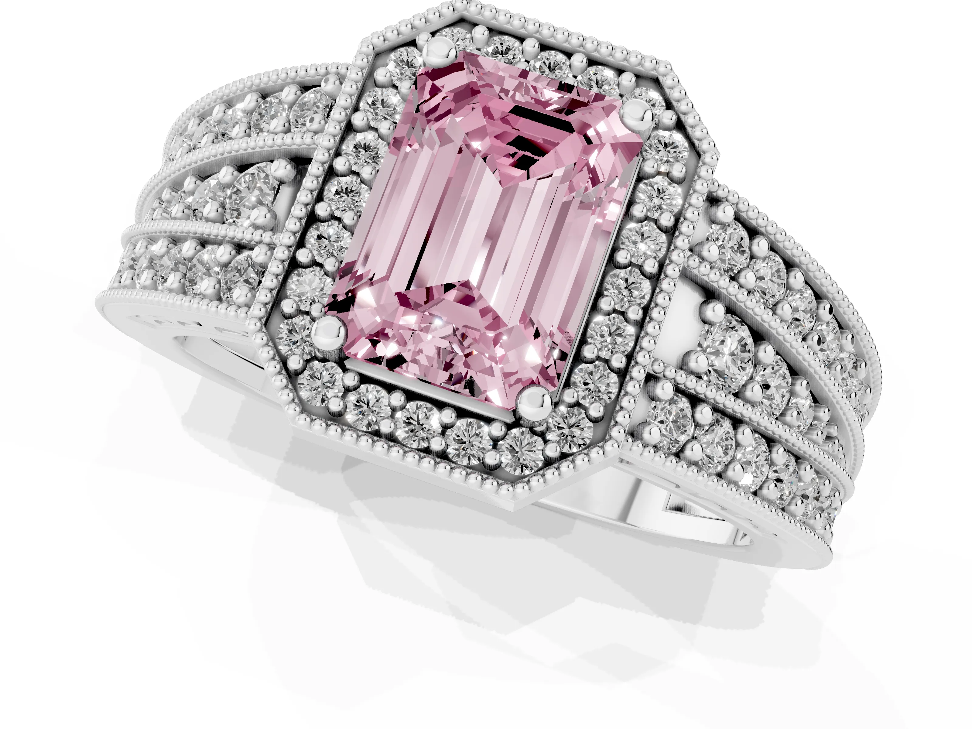 Fancy Pink Emerald Cut Diamond Halo Ring Set in Platinum with Accent Split Shank and Prong Setting