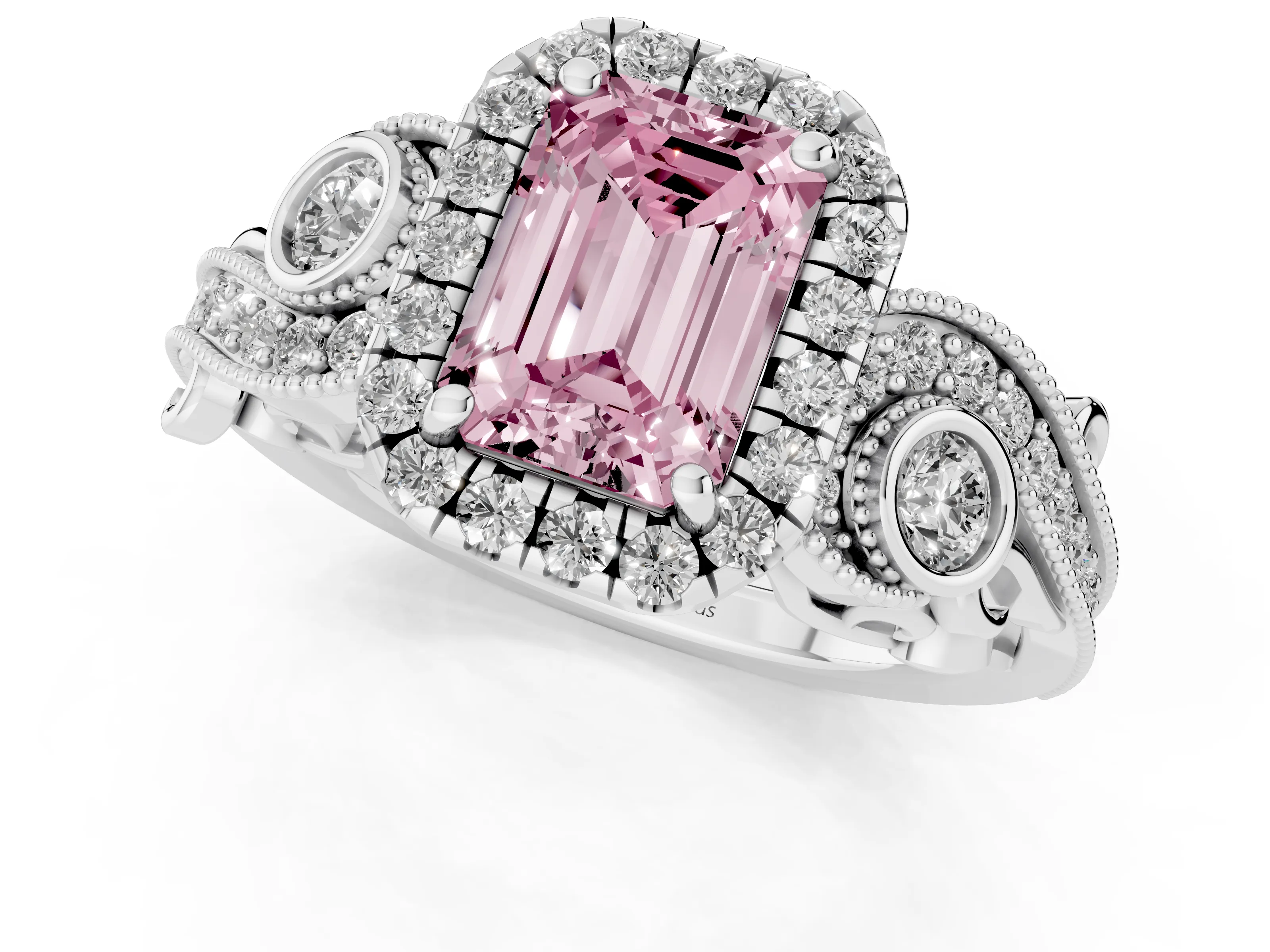 Fancy Pink Emerald Cut Diamond Halo Ring Set in Silver with Milgrain Pavé Band and Prong Setting