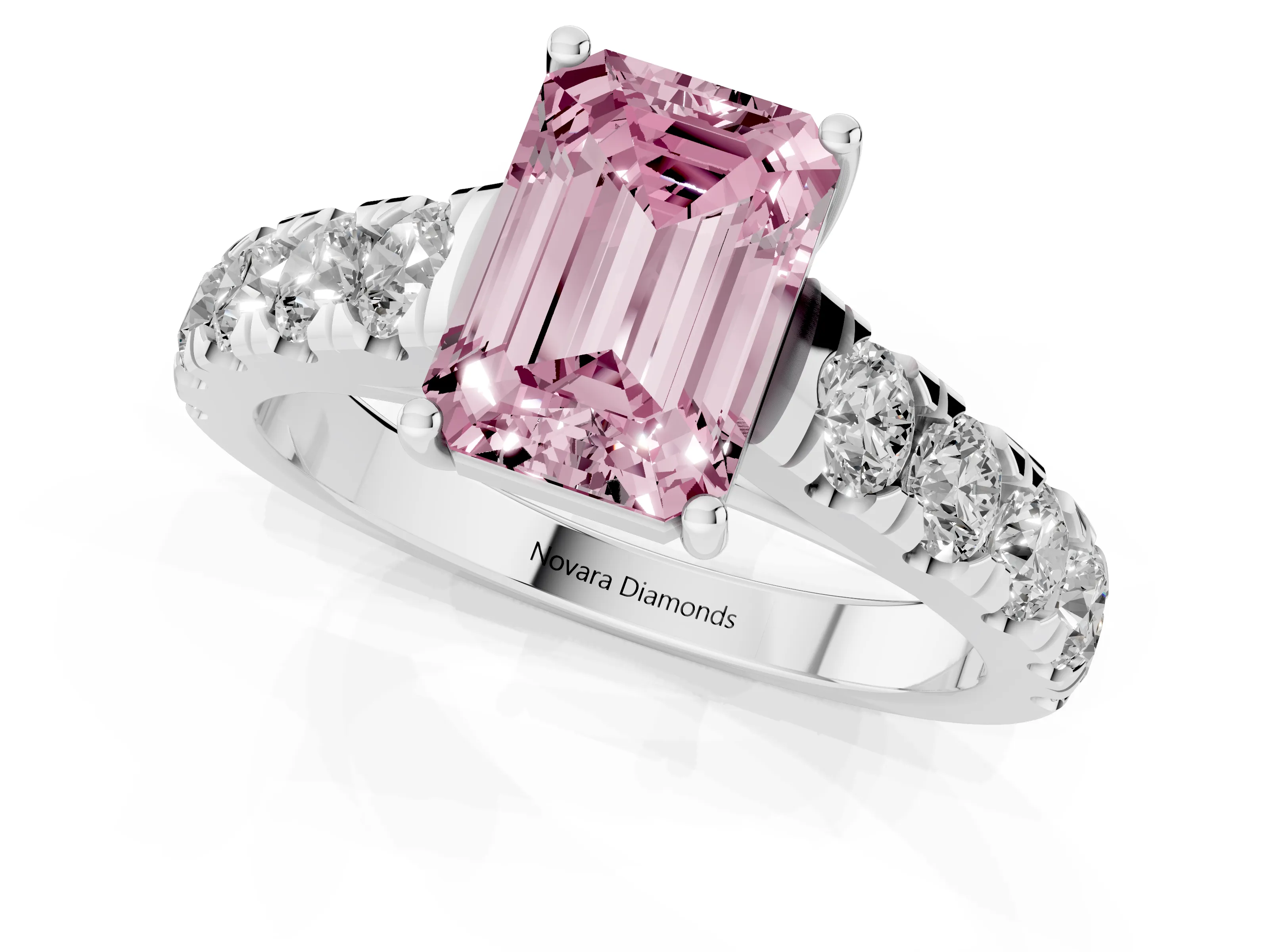 Fancy Pink Emerald Cut Diamond Solitaire Ring Set in Platinum with Cut-Down Micro Pavé Band and Prong Setting