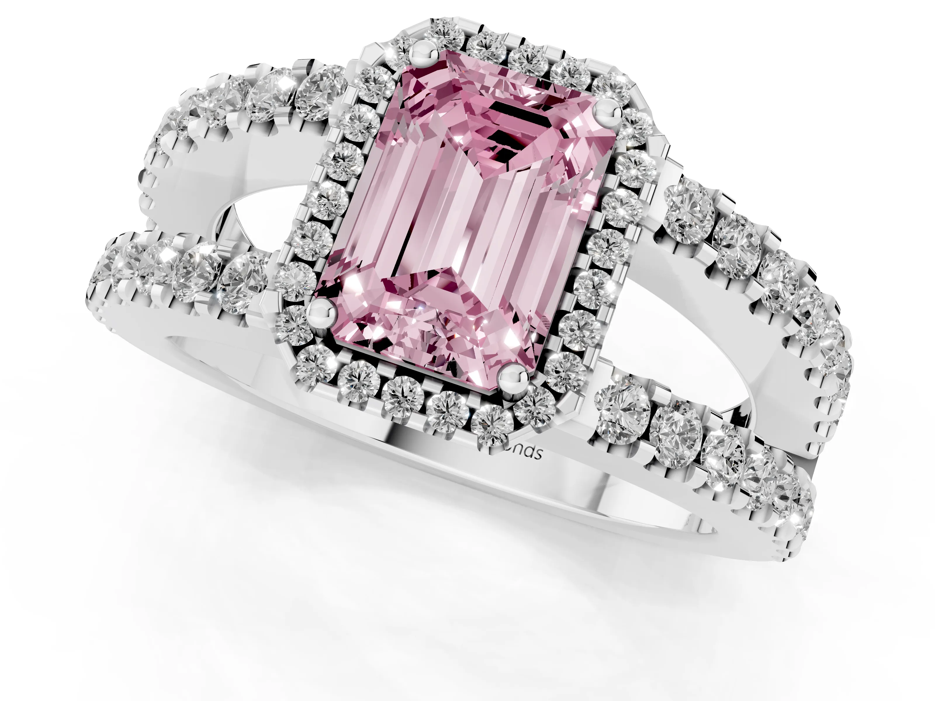 Fancy Pink Emerald Cut Diamond Halo Ring Set in Platinum with Pavé Split Shank and Prong Setting