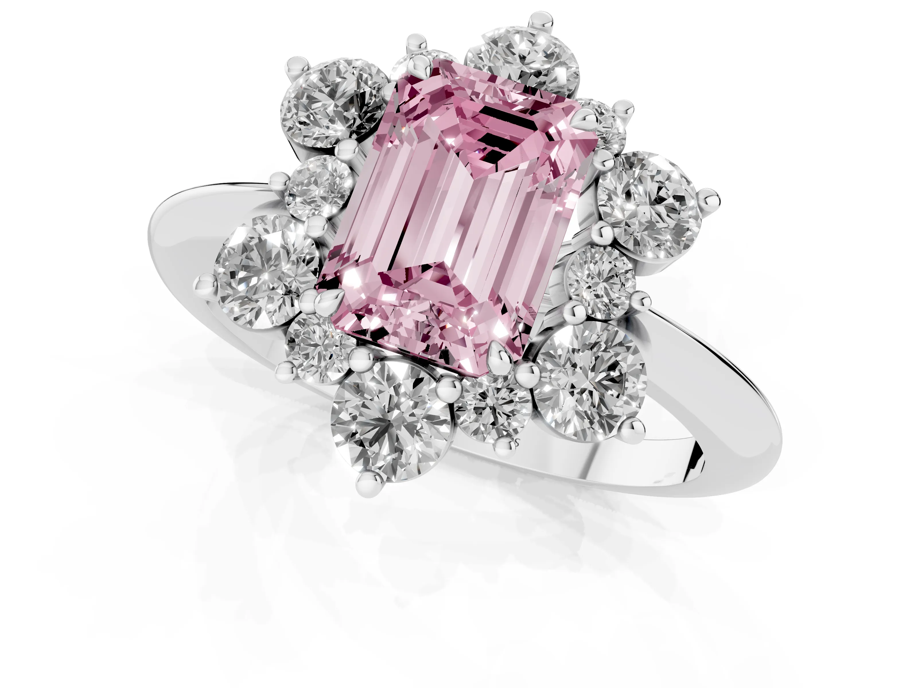 Fancy Pink Emerald Cut Diamond Cluster Halo Ring Set in White gold with Solitaire Band and Prong Setting