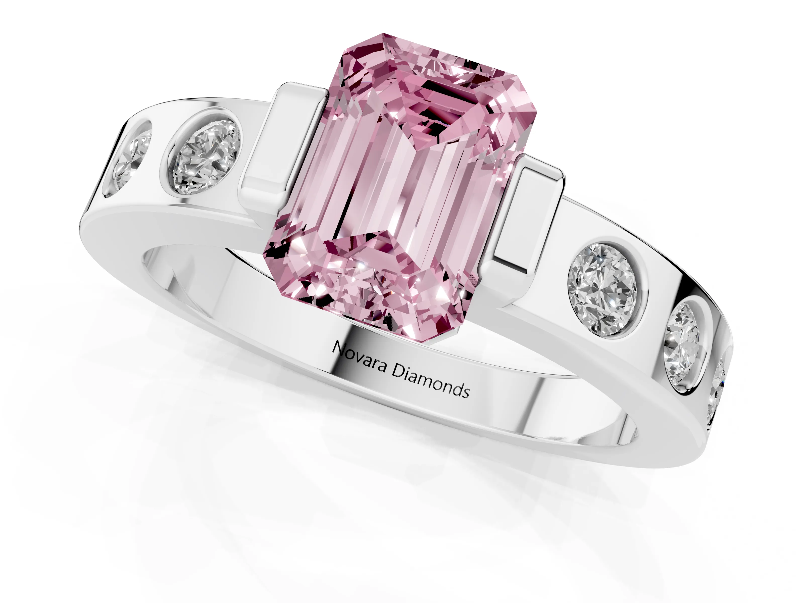 Fancy Pink Emerald Cut Diamond Channel-Set Band Ring Set in Platinum with Bezel Prong Setting