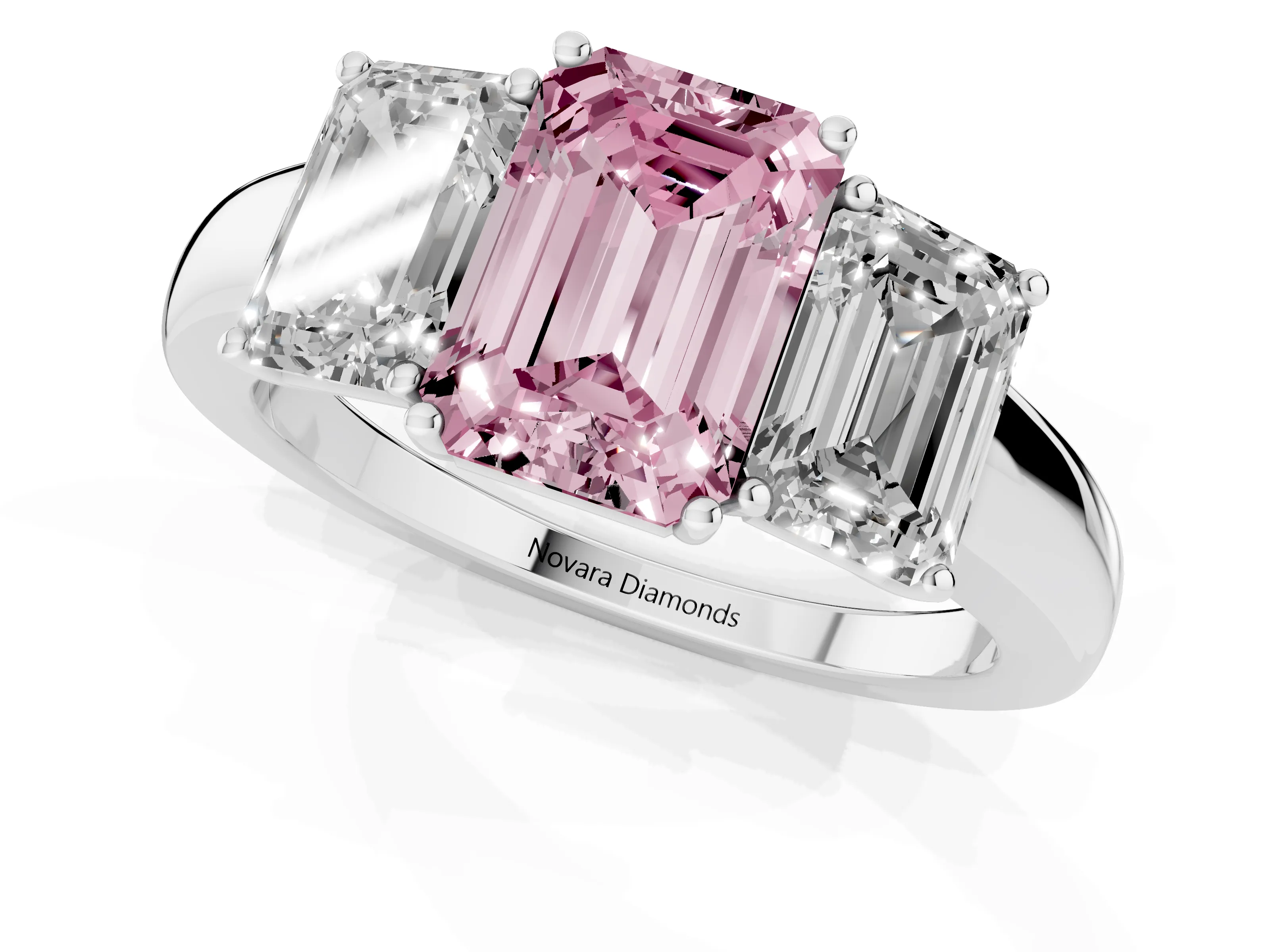 Fancy Pink Emerald Cut Diamond Three-Stone Ring Set in Silver with Bold Center and Classic Band