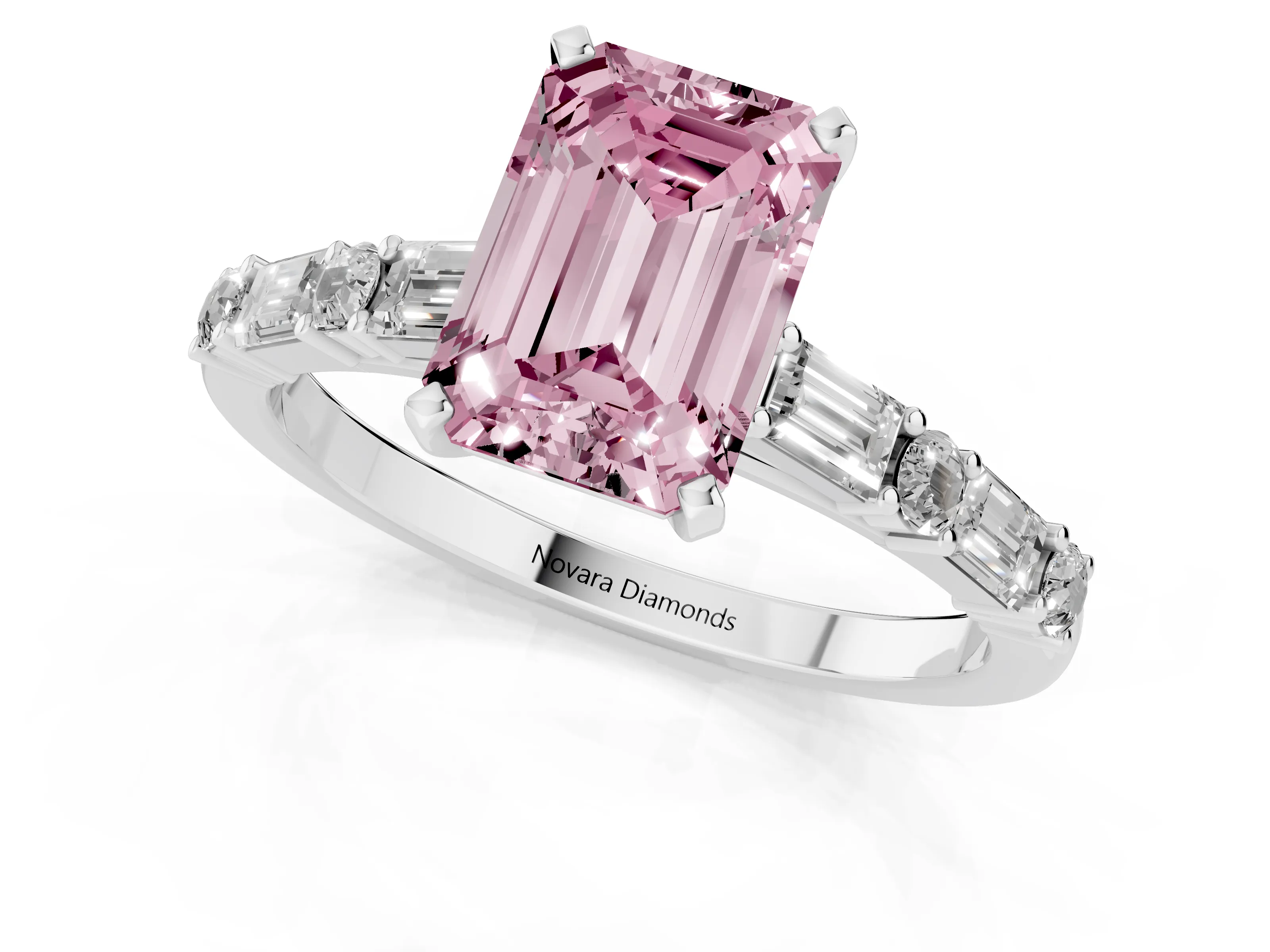 Fancy Pink Emerald Cut Diamond Solitaire Set in Platinum with Side Baguettes and Channel Set Band