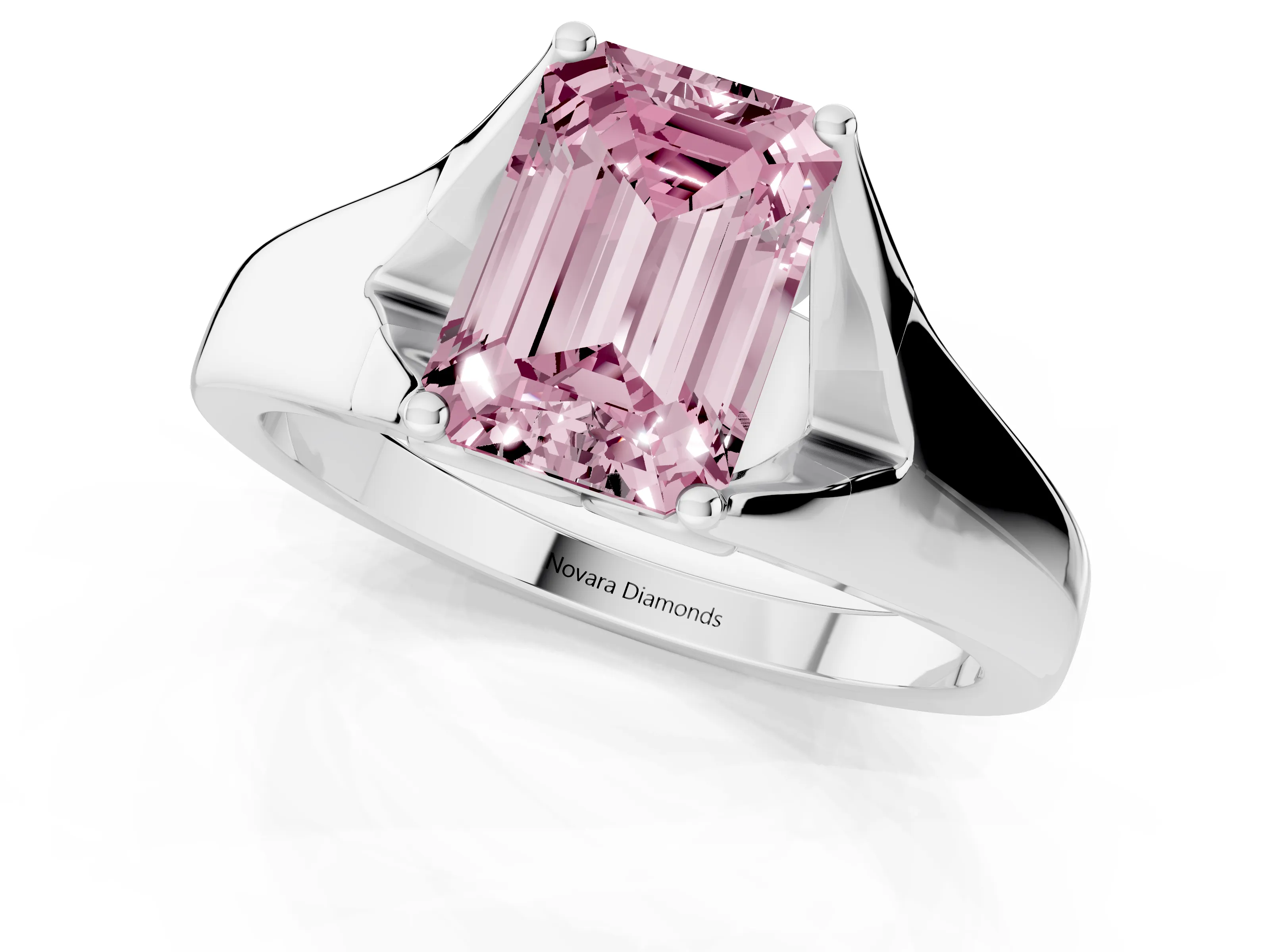 Fancy Pink Emerald Cut Diamond Solitaire Ring Set in White gold with Arched Cathedral Band and Prong Setting