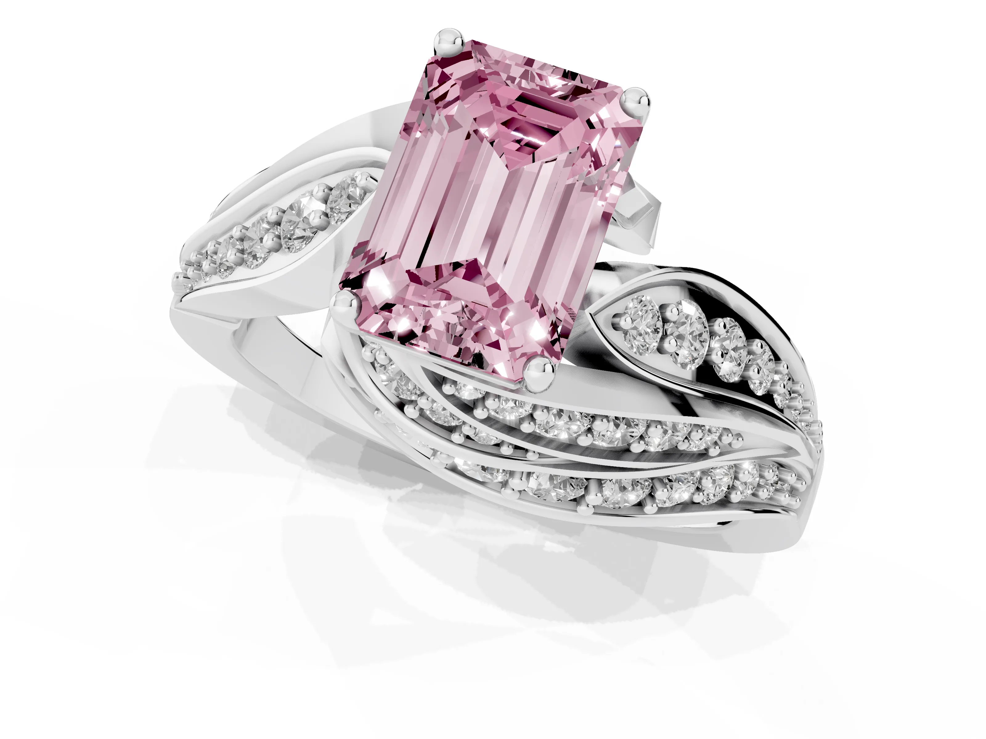 Fancy Pink Emerald Cut Diamond Solitaire Ring Set in White gold with Layered Twist Pavé Band