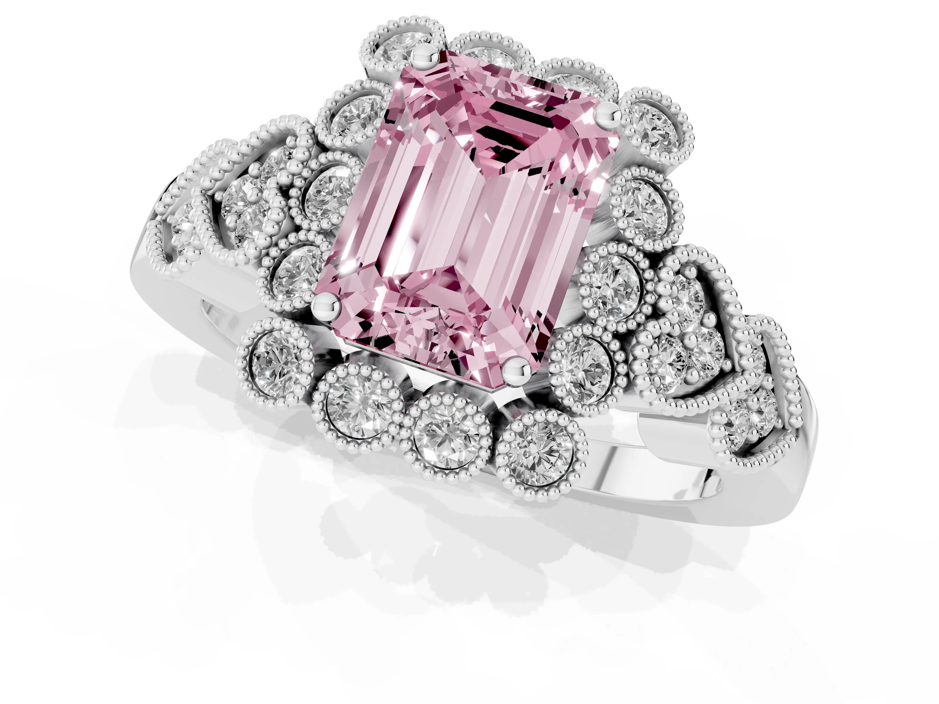 Fancy Pink Emerald Cut Diamond Solitaire Ring Set in Platinum with Milgrain Pavé Heart Band